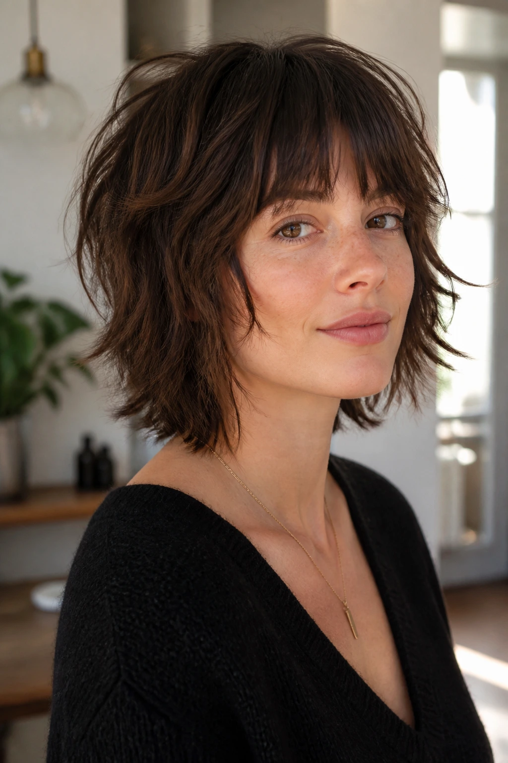 Portrait of person with wispy-layer shag featuring delicate, airy ends.