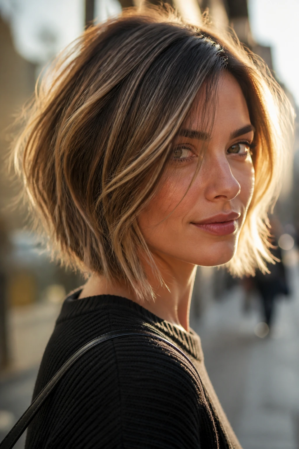 Close-up portrait of a real woman with wispy-layered angled bob in golden hour light