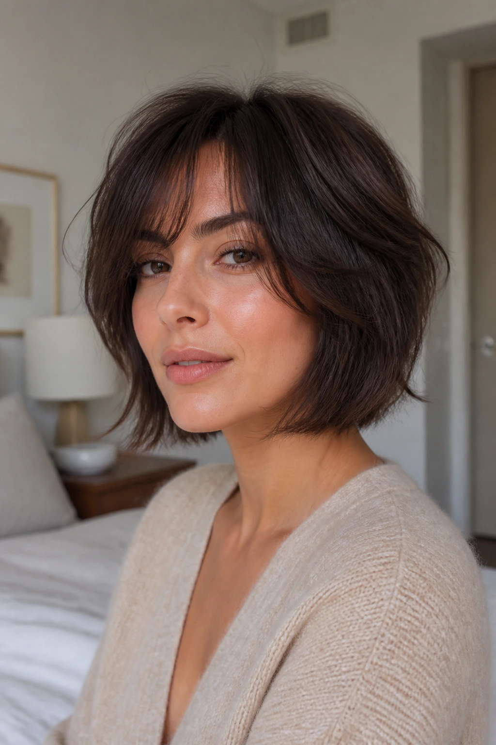 Close-up of a real woman with wispy layered bob in soft light