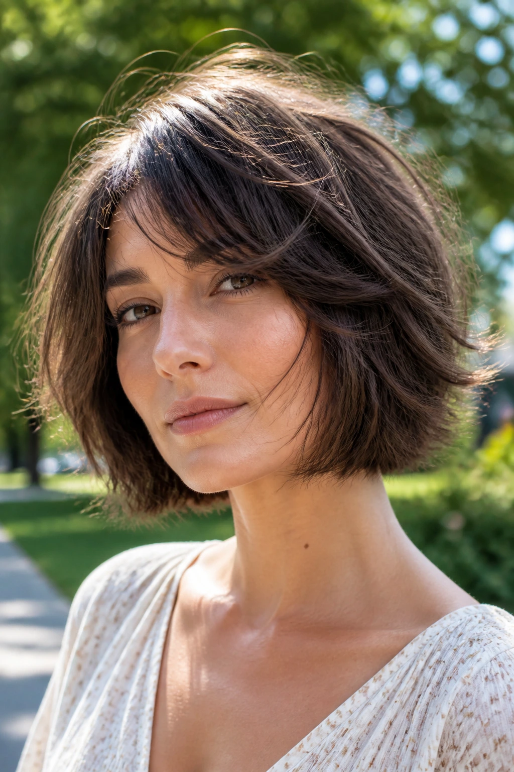 Portrait of a woman with a wispy layered bob in a sunlit park.