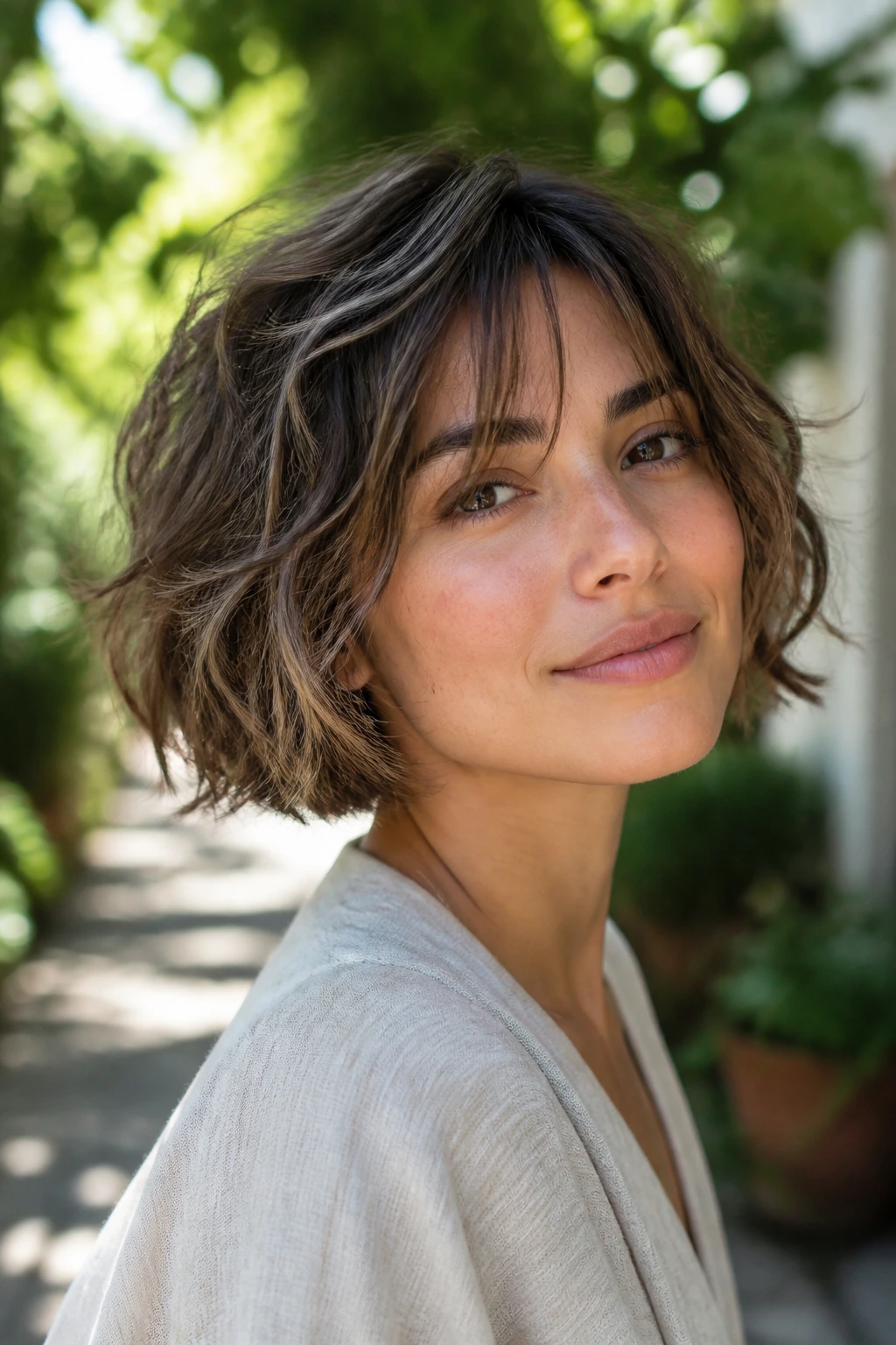 Close-up of a person with wispy layered bob and air-dried waves