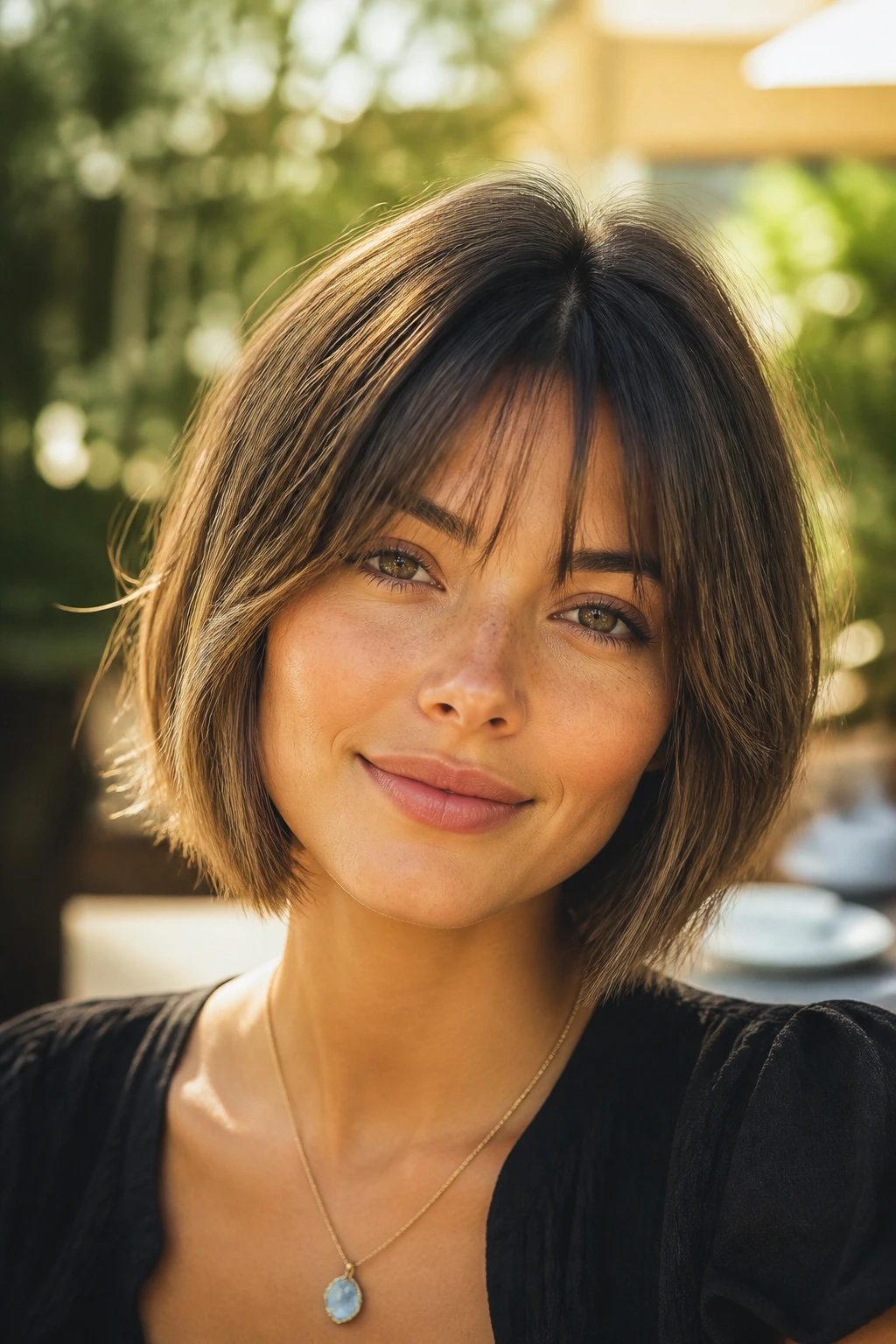 Close-up portrait of a real woman with wispy layered bob and see-through bangs