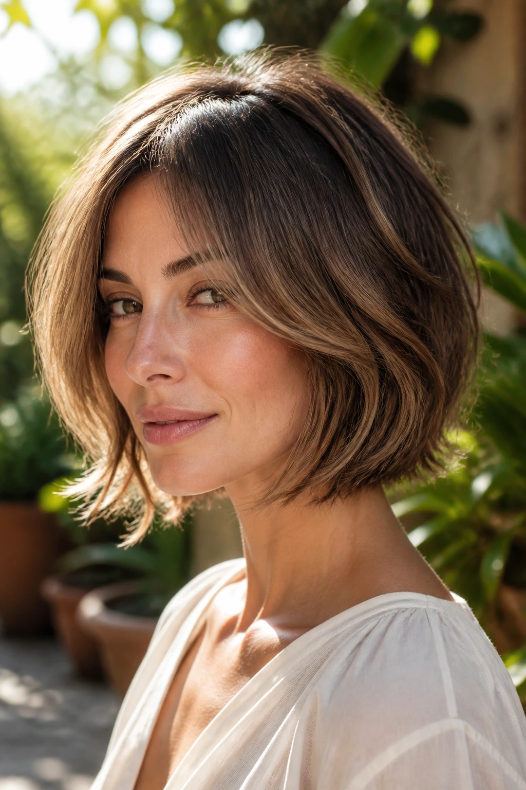 Close-up of a woman with wispy layered bob and curtain bangs in a garden setting