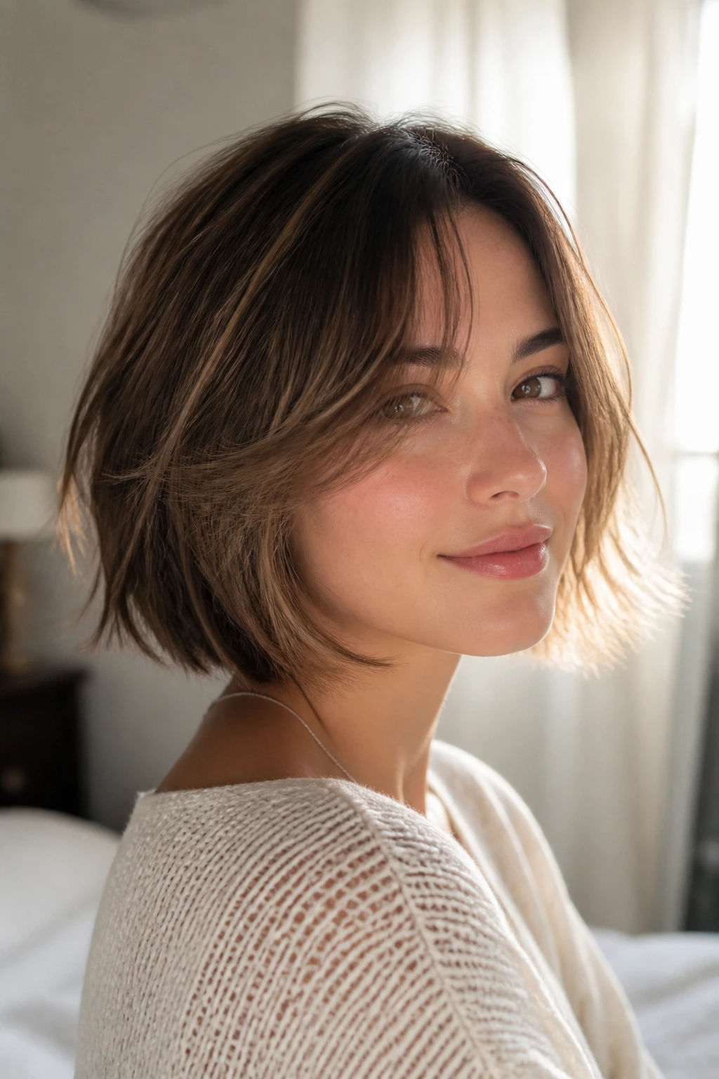 Close-up portrait of a woman with wispy layered bob and curtain bangs