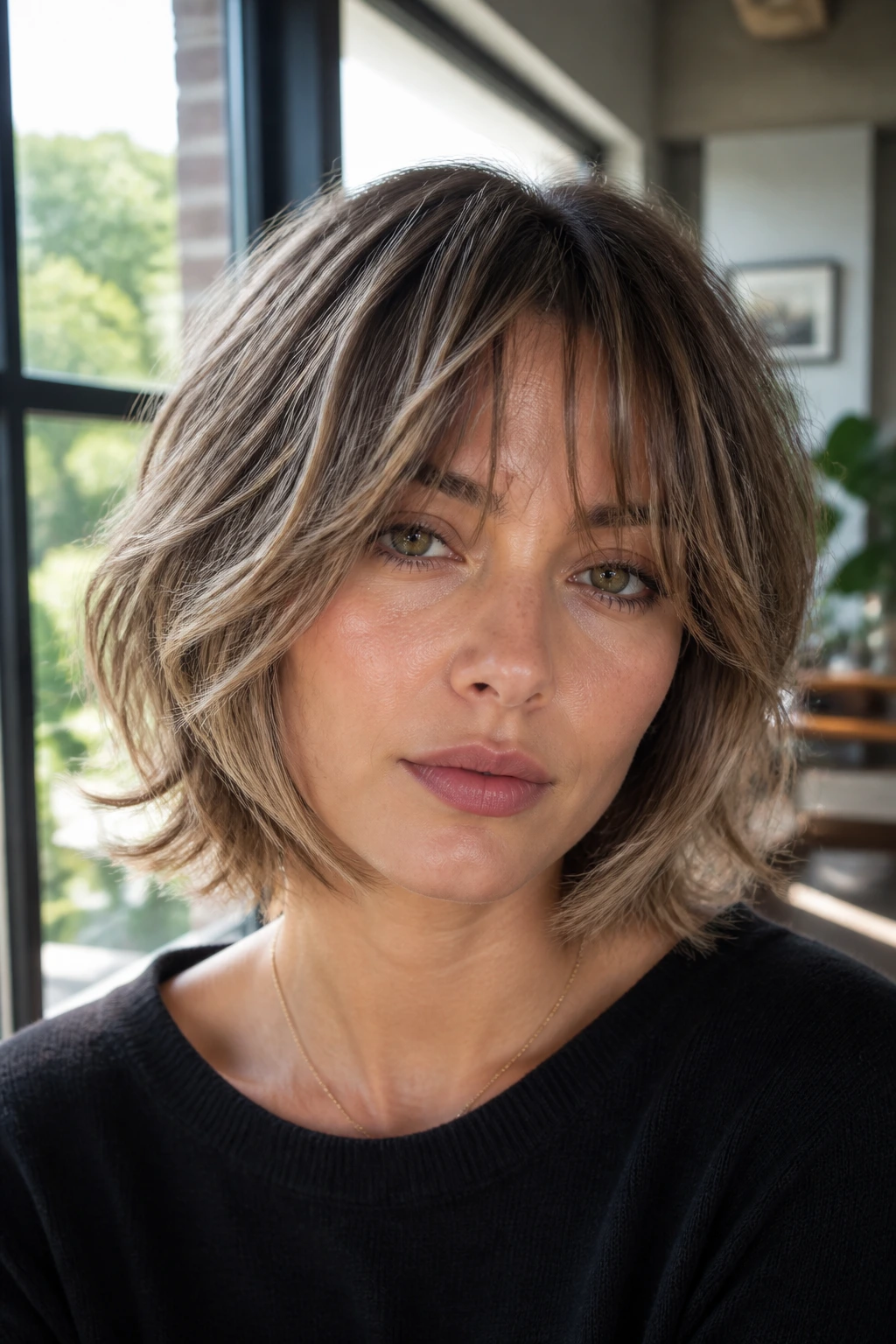 Real woman with wispy layered bob and feathered bangs in natural light