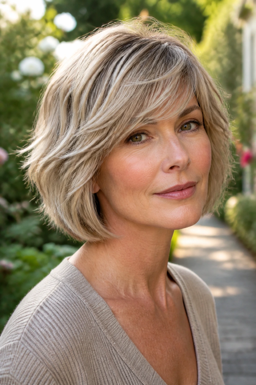 Close-up of a woman with a wispy layered bob in garden light