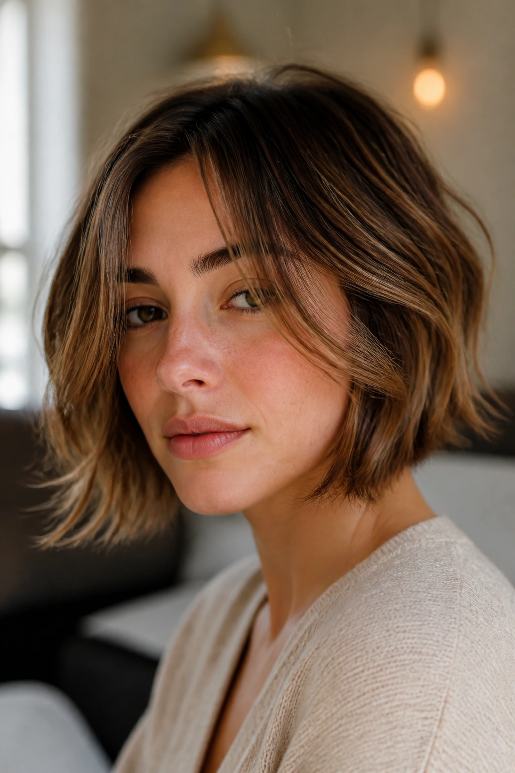 Portrait of a real person with wispy-layered bob and face-framing pieces.