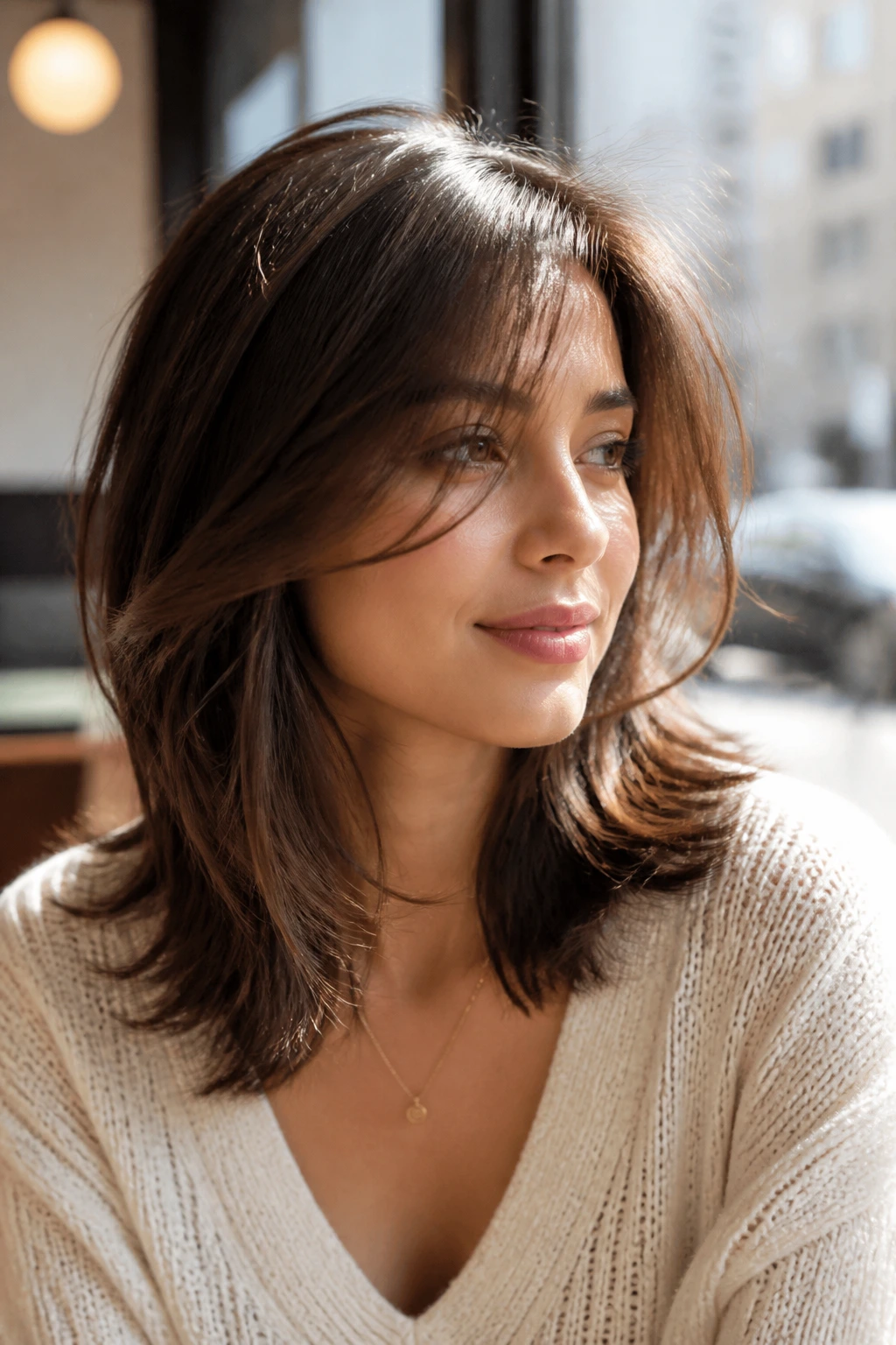 Portrait of real person with wispy layered mid-length hair just past shoulders in sunlit cafe