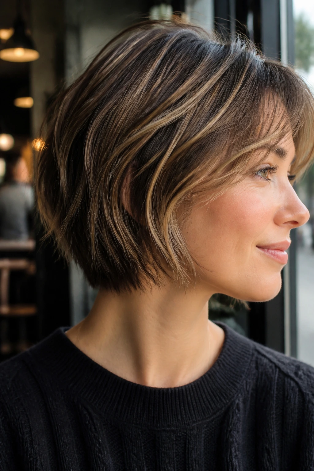 Close-up of a real person with wispy layered bob and ribbon highlights