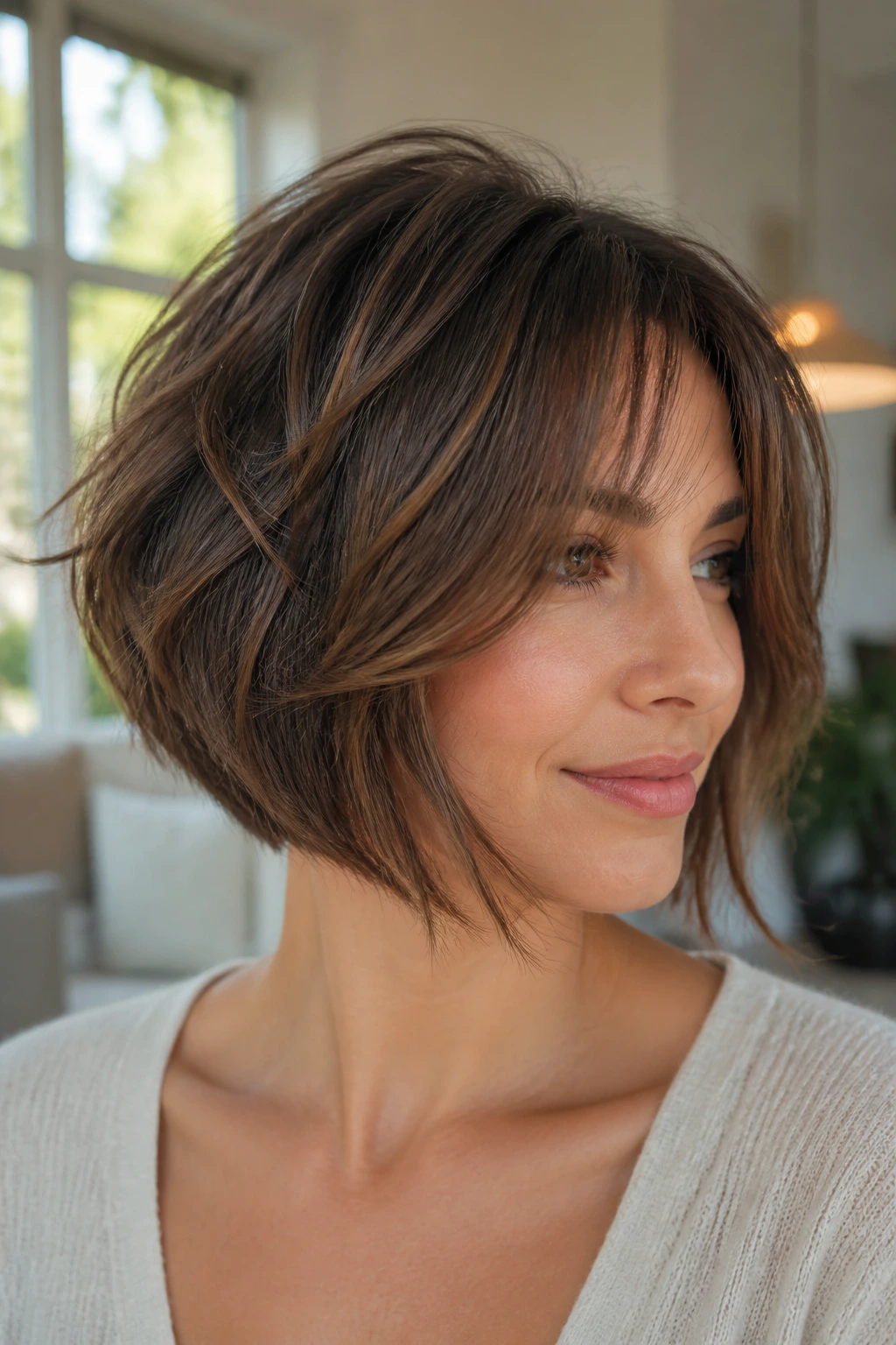 Close-up of a real woman with wispy layered inverted bob in bright living room light