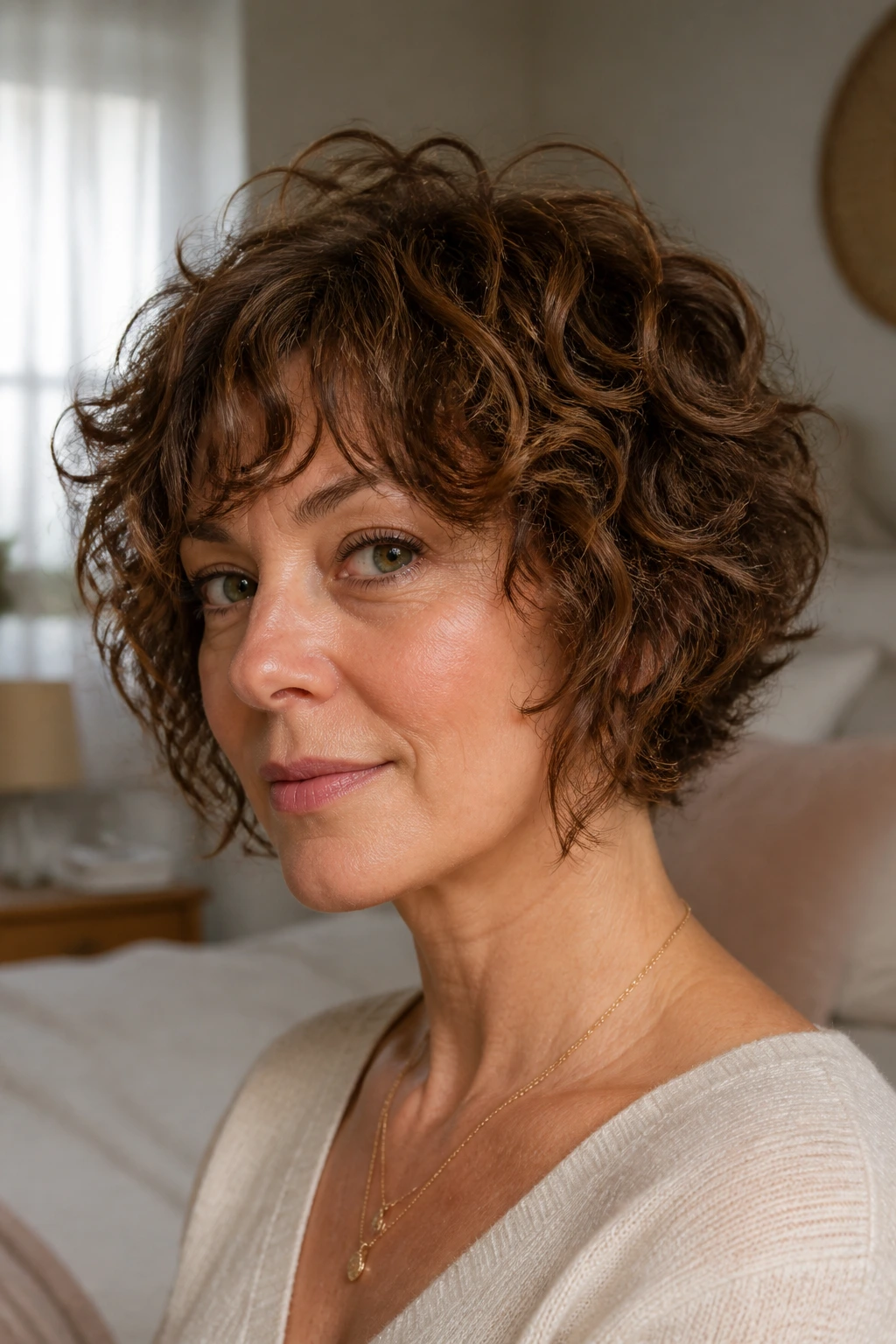 Close-up of a woman with wispy-layered inverted cut and fine curls.