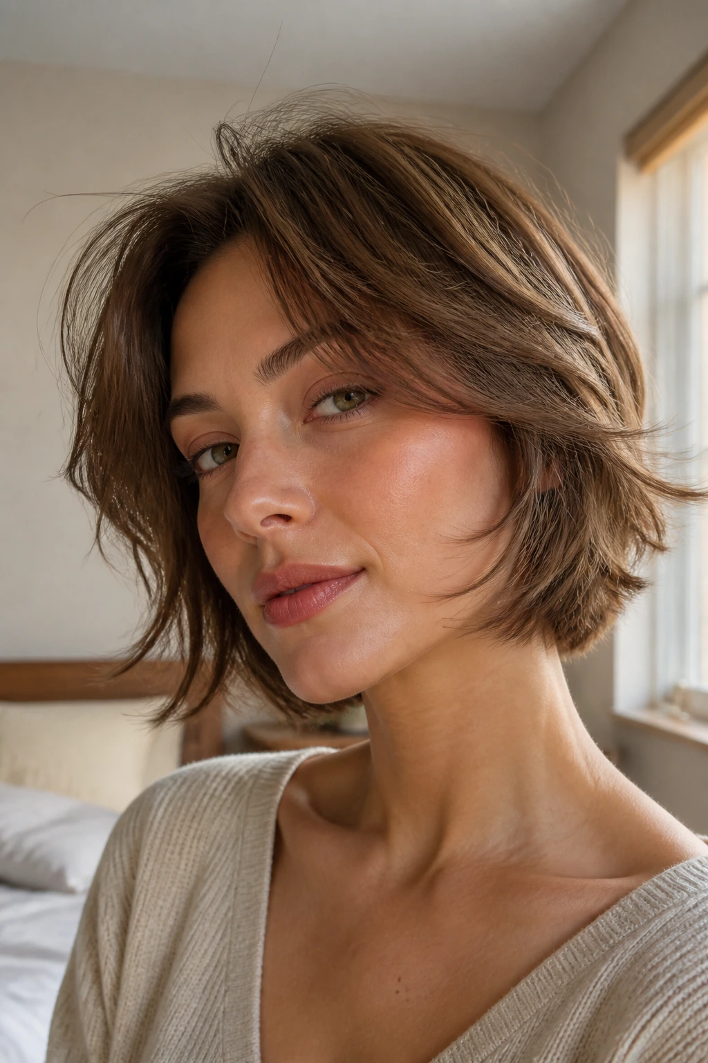 Close-up of real woman with wispy-layered light brown bob in natural daylight