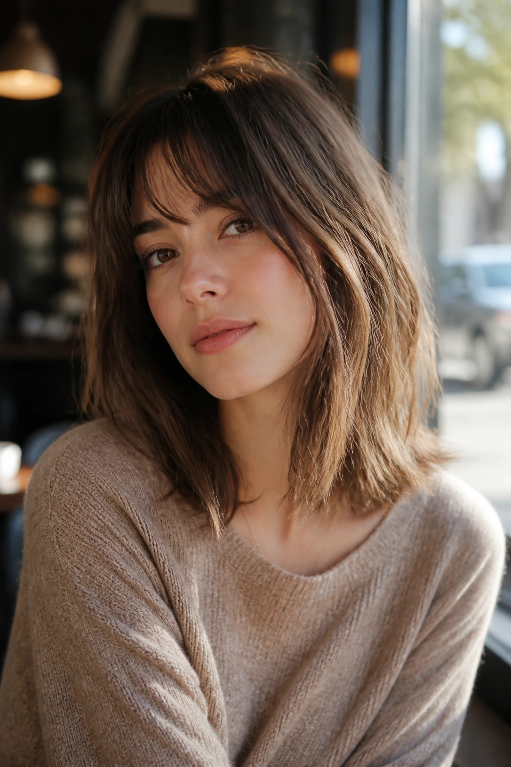 Close-up of a real person with wispy layered long bob at a cafe window.