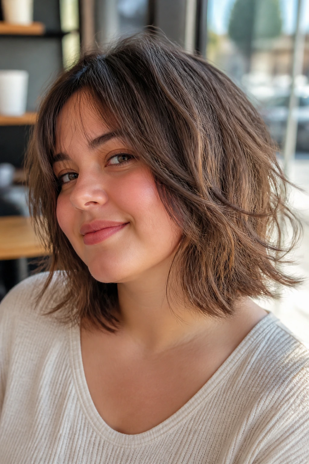 Portrait of woman with wispy mid-length layered cut