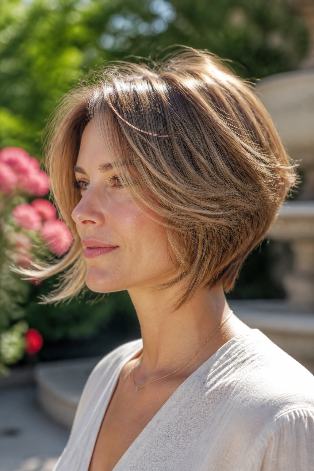 Close-up portrait of a real woman with wispy, airy layers in a stacked bob.