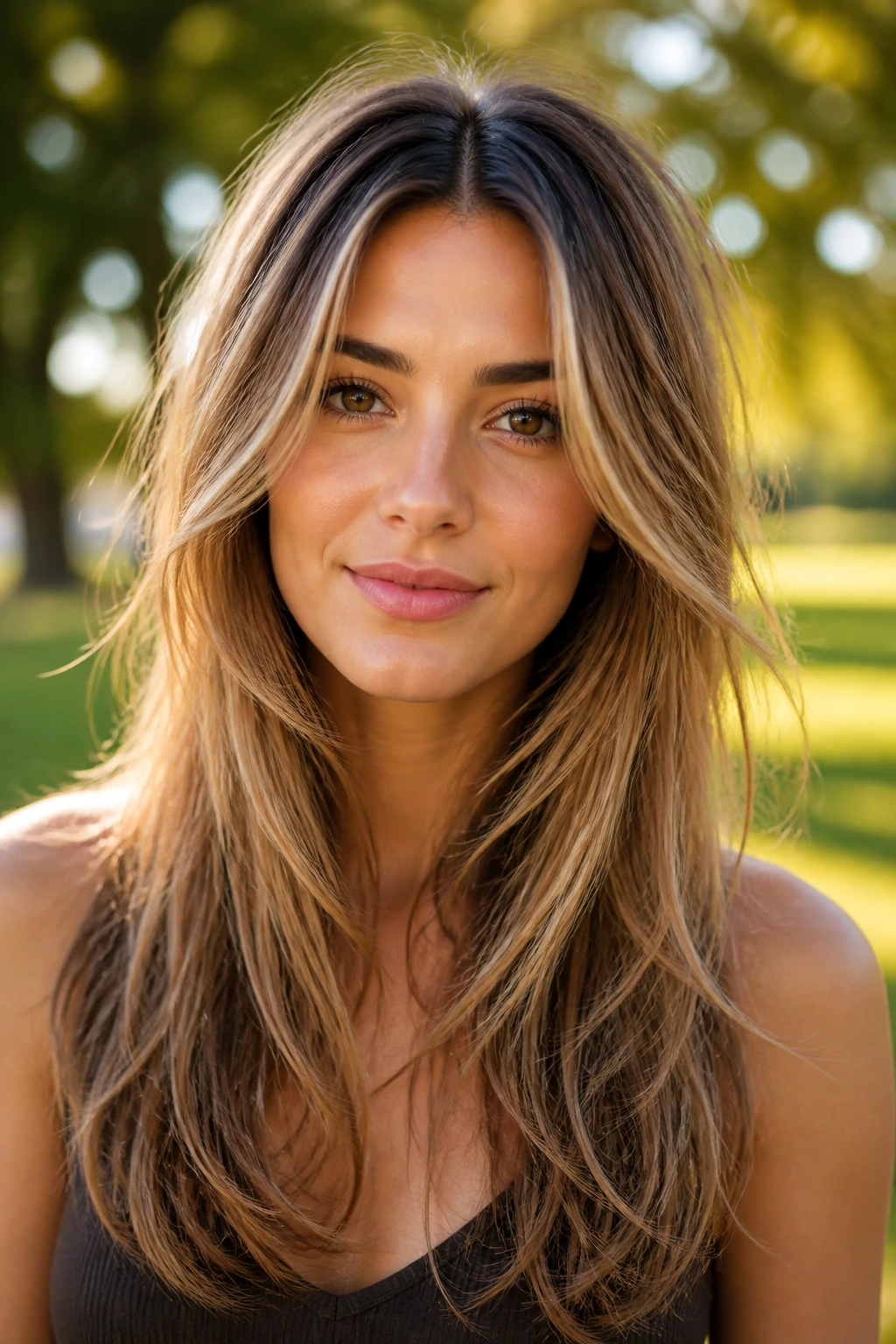 Close-up of a real woman with wispy layers and a center-part