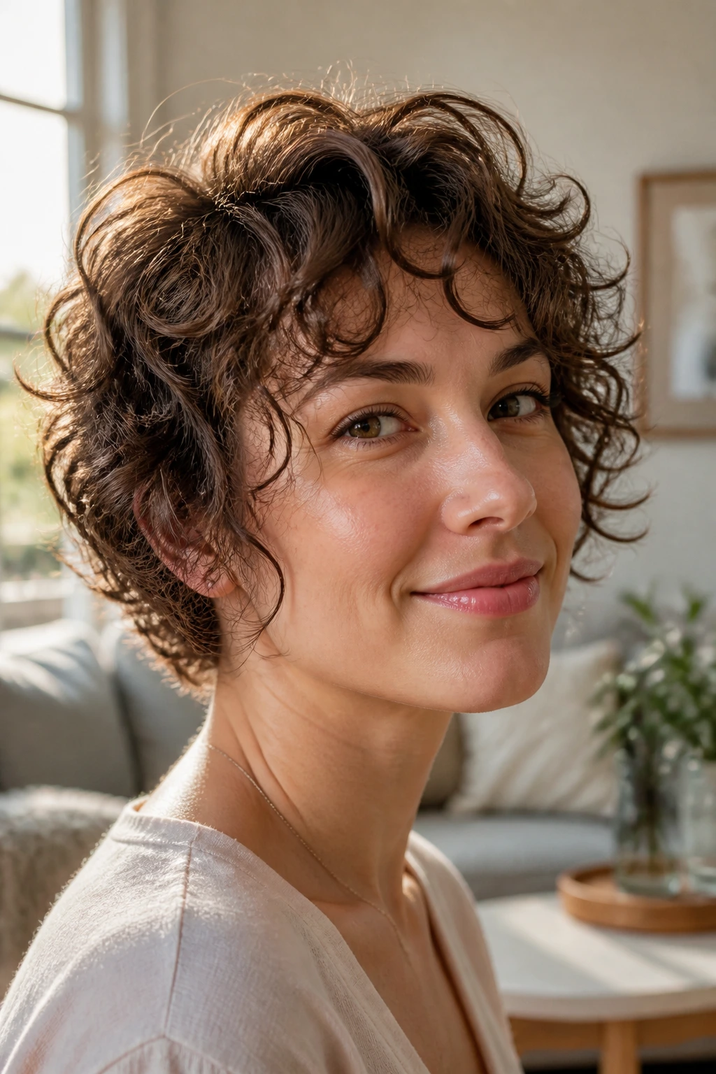 Close-up of a woman with wispy layers on thin-stranded curls