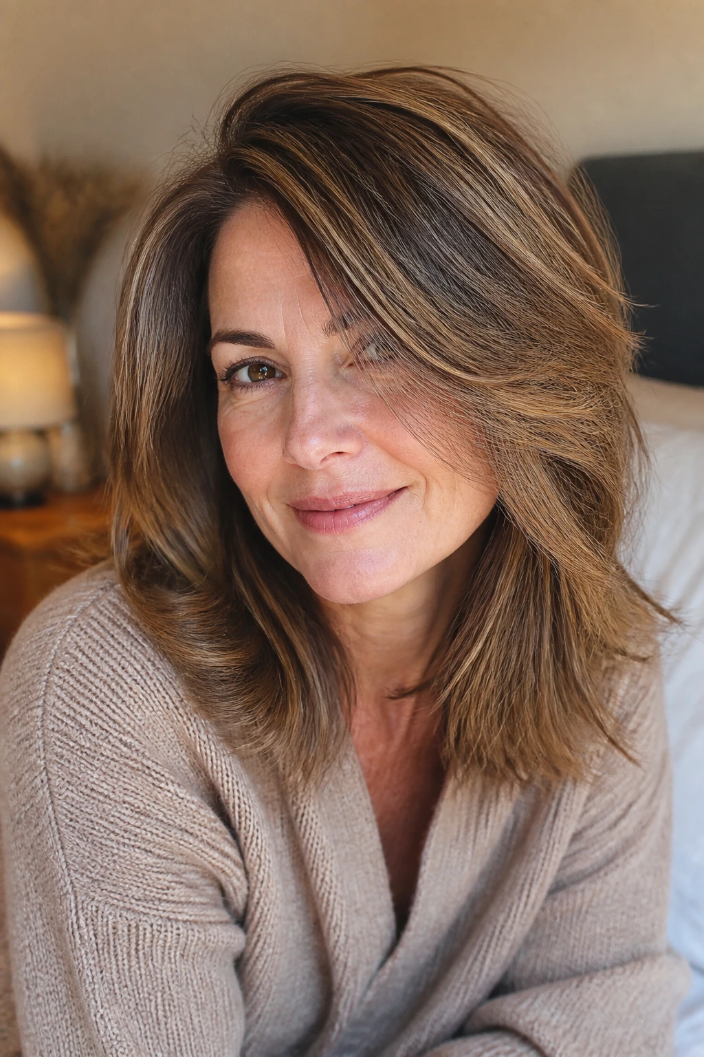 Close-up of a real woman with deep-part wispy layers in a cozy bedroom.