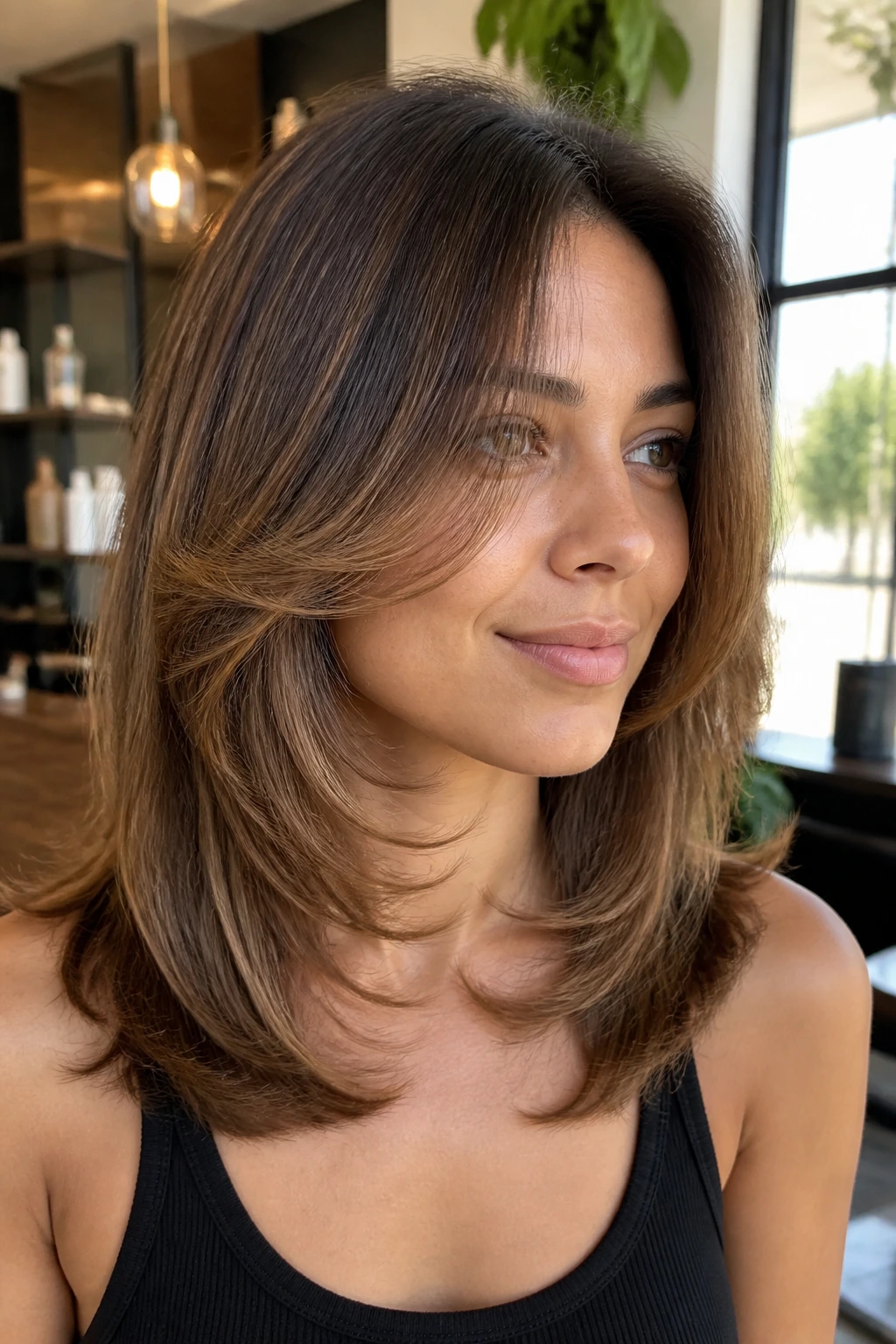 Close-up portrait of a real person with wispy face-framing layers around the nose and jaw