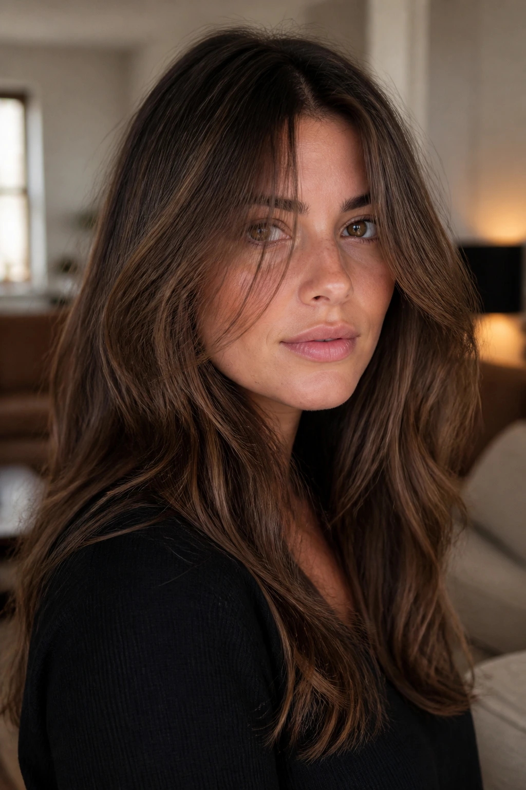 Close-up portrait of a real woman with wispy face-framing layers