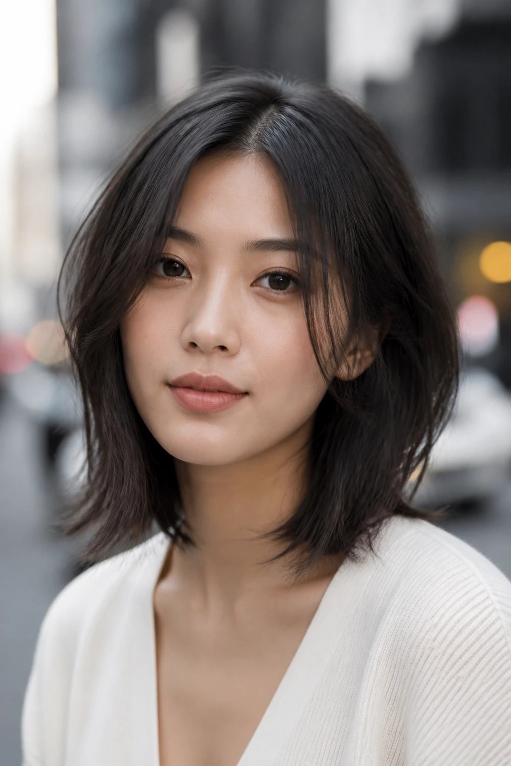 Close-up of real Asian woman with wispy face-framing long bob in daylight