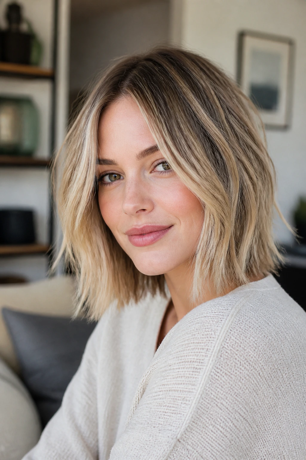 Portrait of a woman showing wispy, piecey lob layers