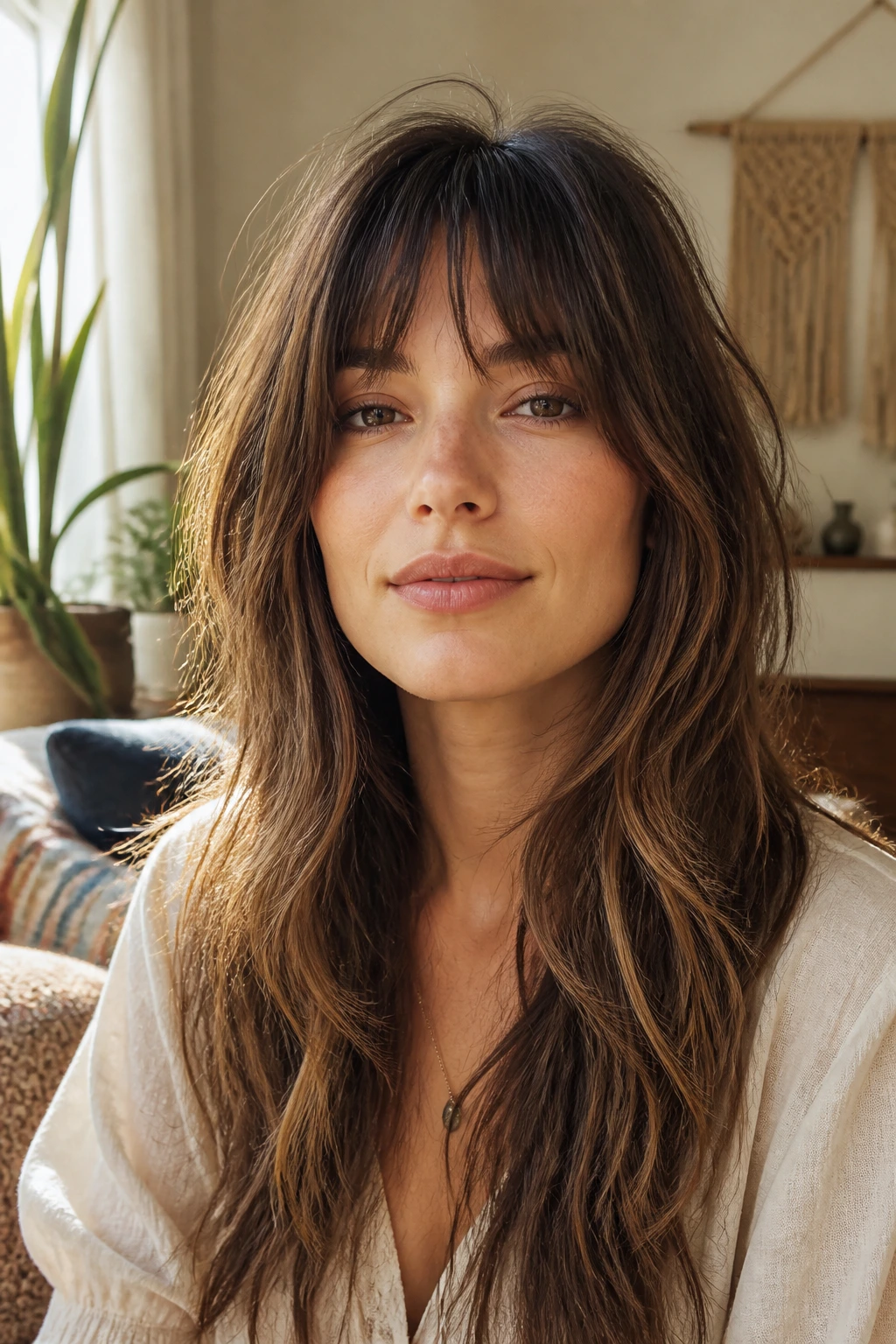 Close-up of wispy-banged long shag hairstyle on a real woman.