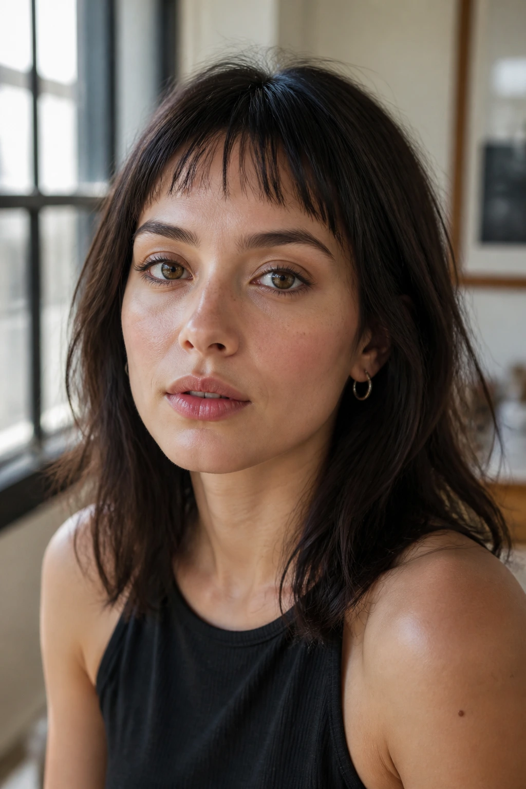 Close-up of a real woman with wispy micro bangs above the brow