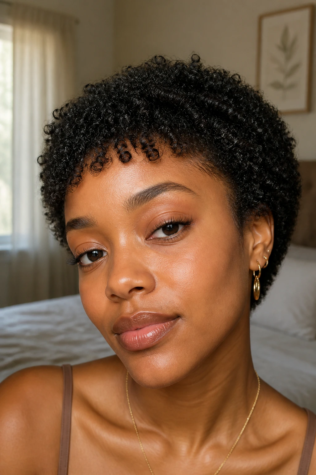Close-up of a real person with wispy micro-bangs on Type 4 hair above the eyebrows.