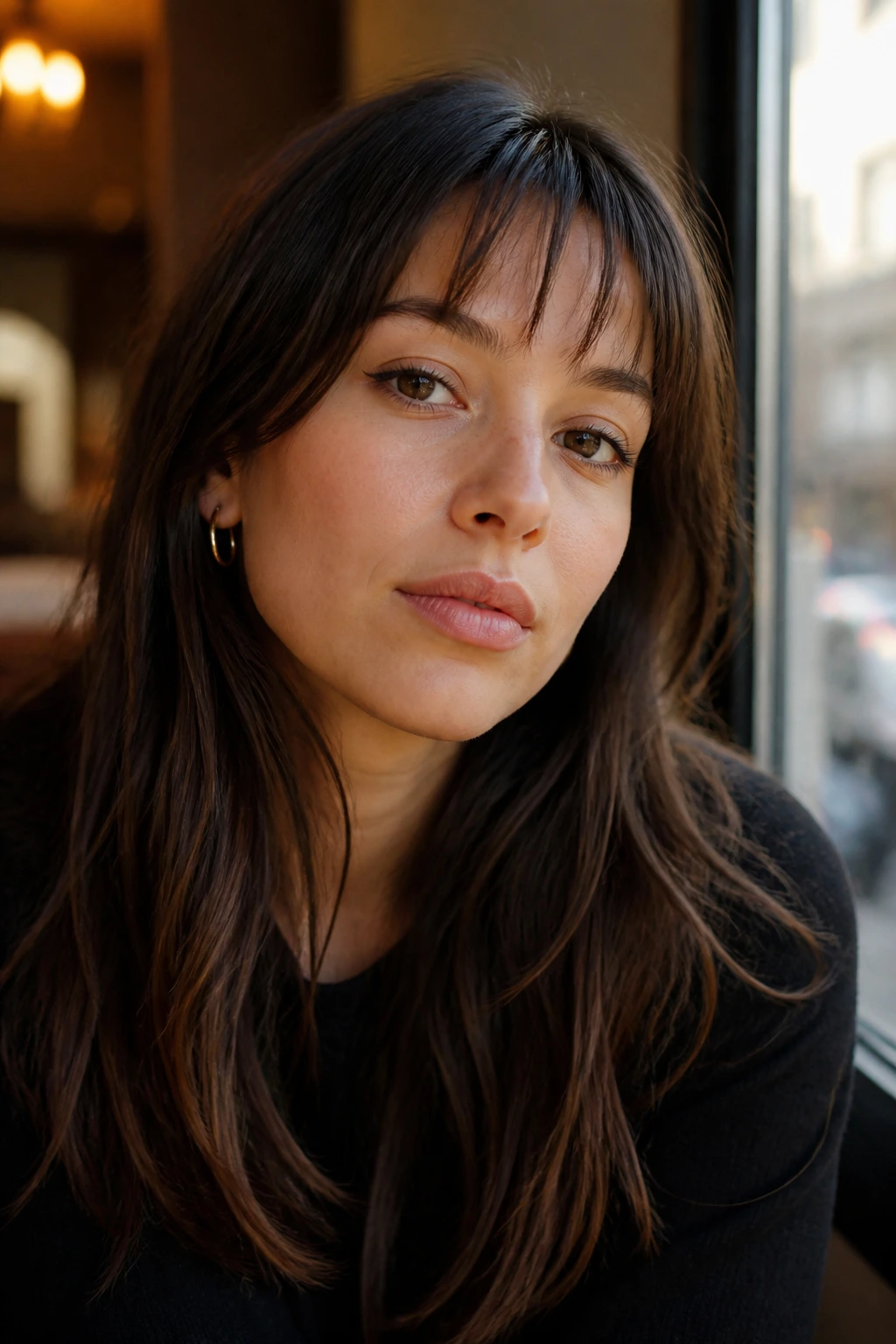 Real person with wispy airy micro bangs in a casual setting