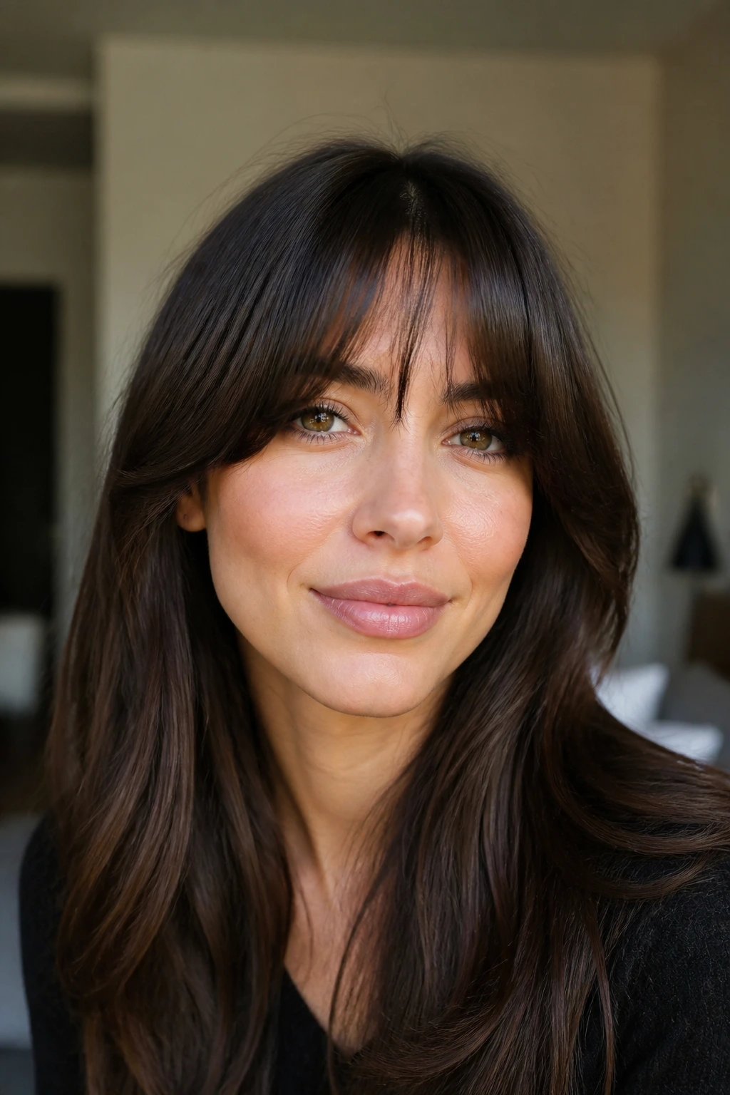 Close-up portrait of a woman with wispy middle bangs and thick edges