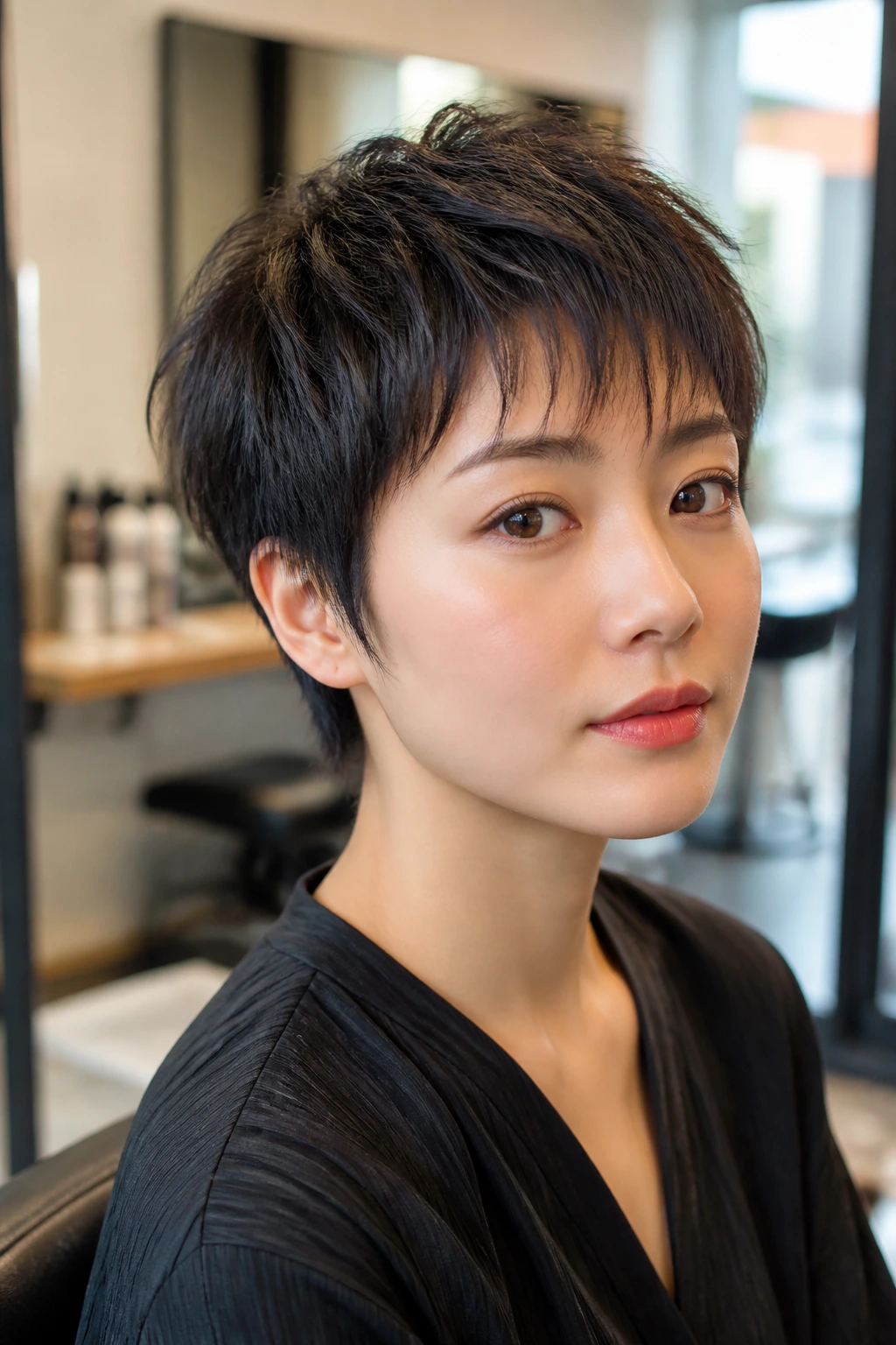 Close-up portrait of a real woman with The Classic Wispy Pixie haircut featuring feathered ends.