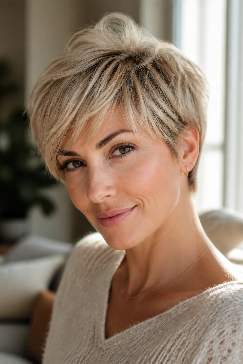 Portrait of a real woman with wispy feathered pixie hairstyle
