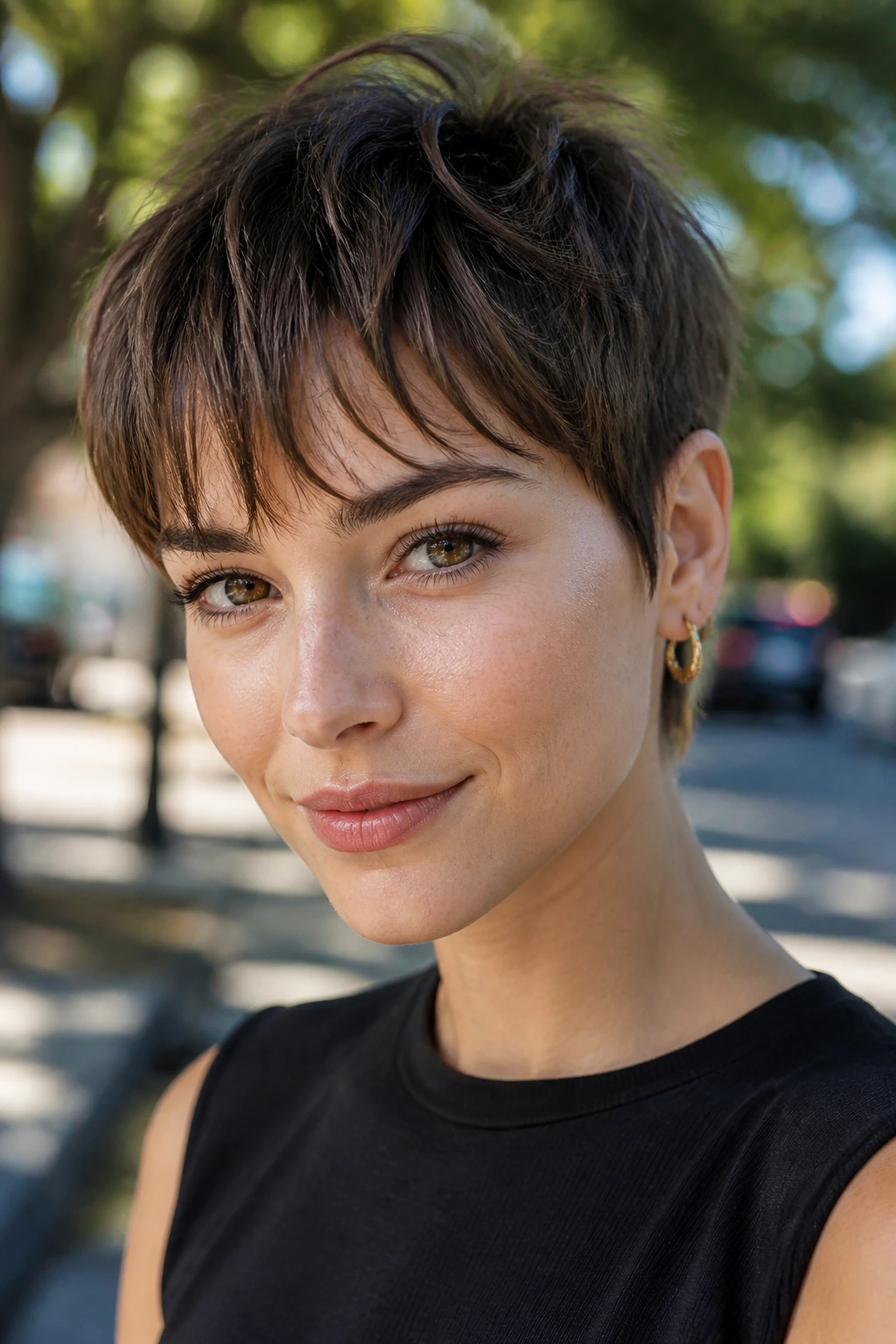 Close-up of woman with wispy pixie fringe softening a short cut