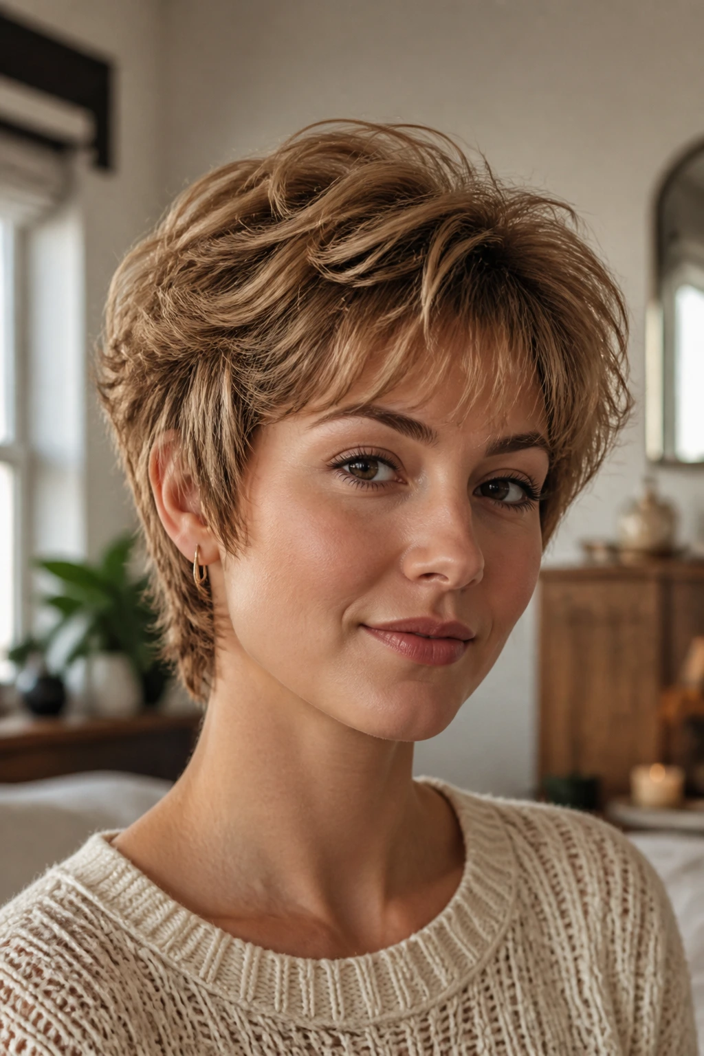 Close-up portrait of a real person with a wispy feathered pixie haircut