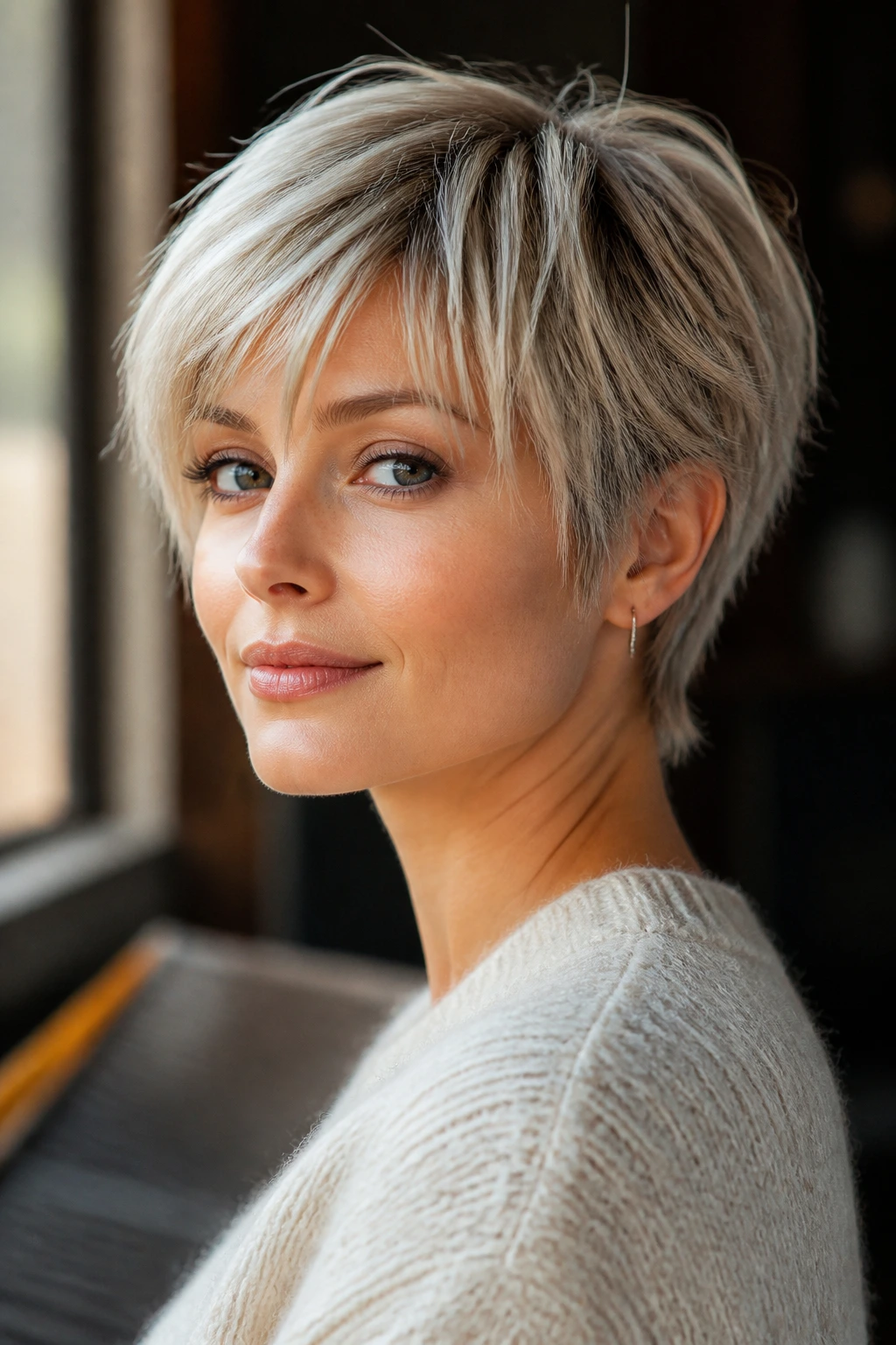 Real woman with wispy layered pixie, feathered edges in warm light
