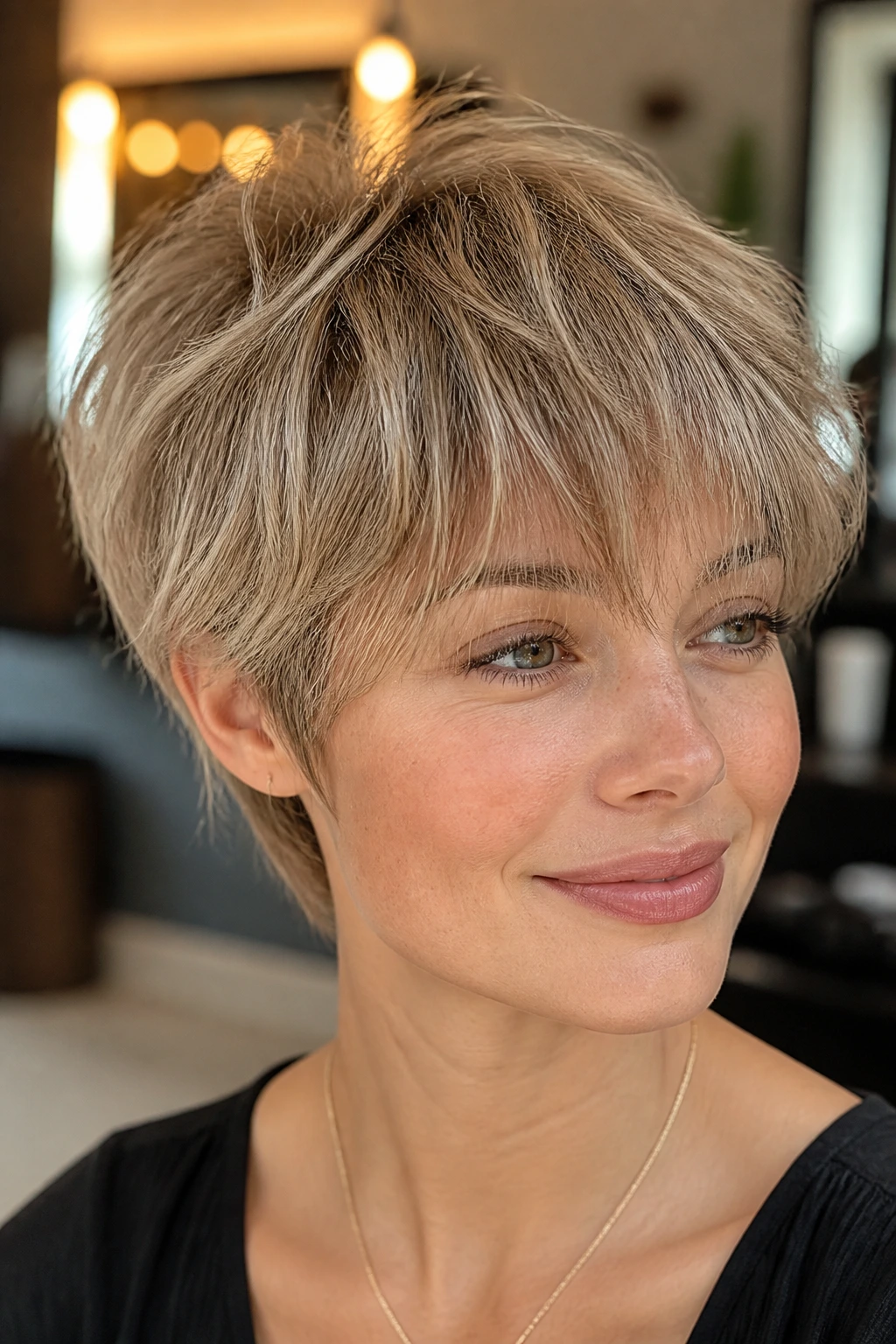 Close-up portrait of a real woman with wispy pixie and feathery bangs in a salon.