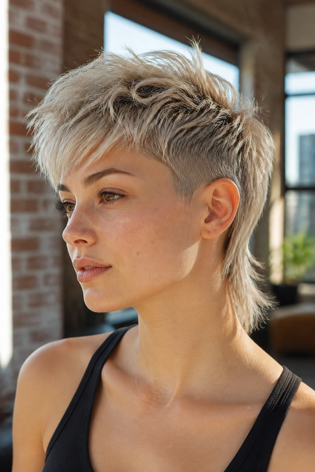Portrait of a real person with a wispy pixie-mullet hairstyle