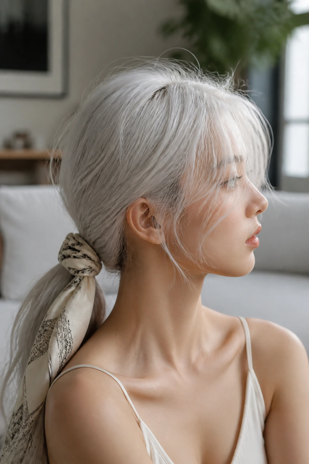 Close-up of a real person with wispy white hair in a low ponytail with a silk scarf
