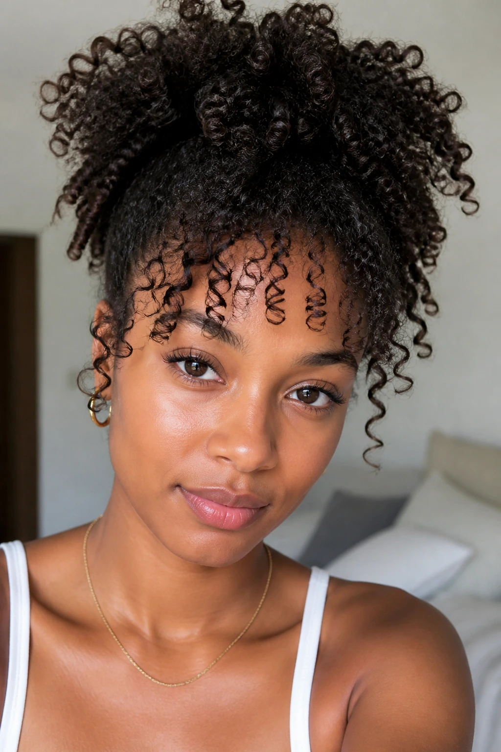 Close-up of a real person with wispy ringlet bangs
