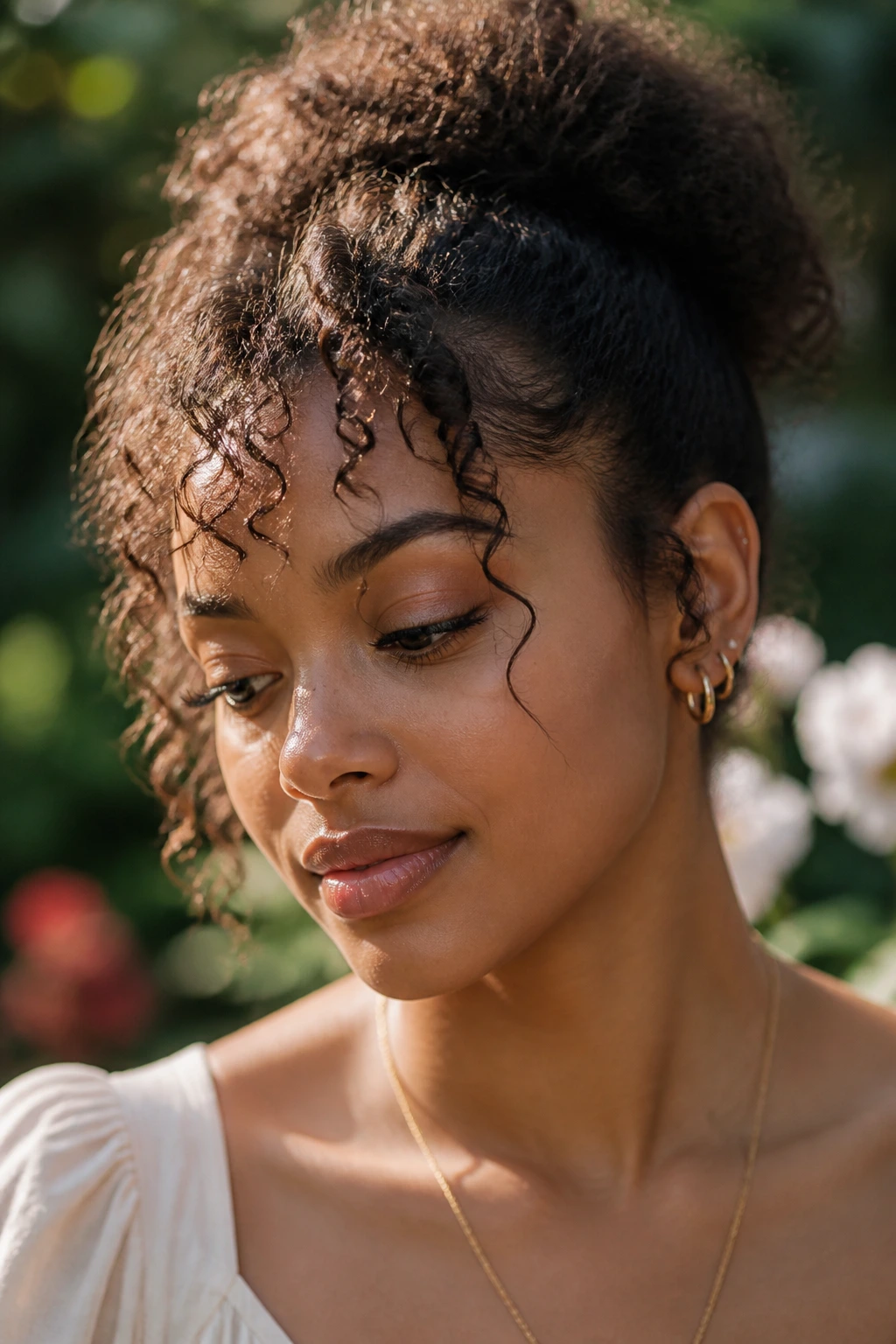 Portrait of a person with wispy ringlet tendrils around the forehead