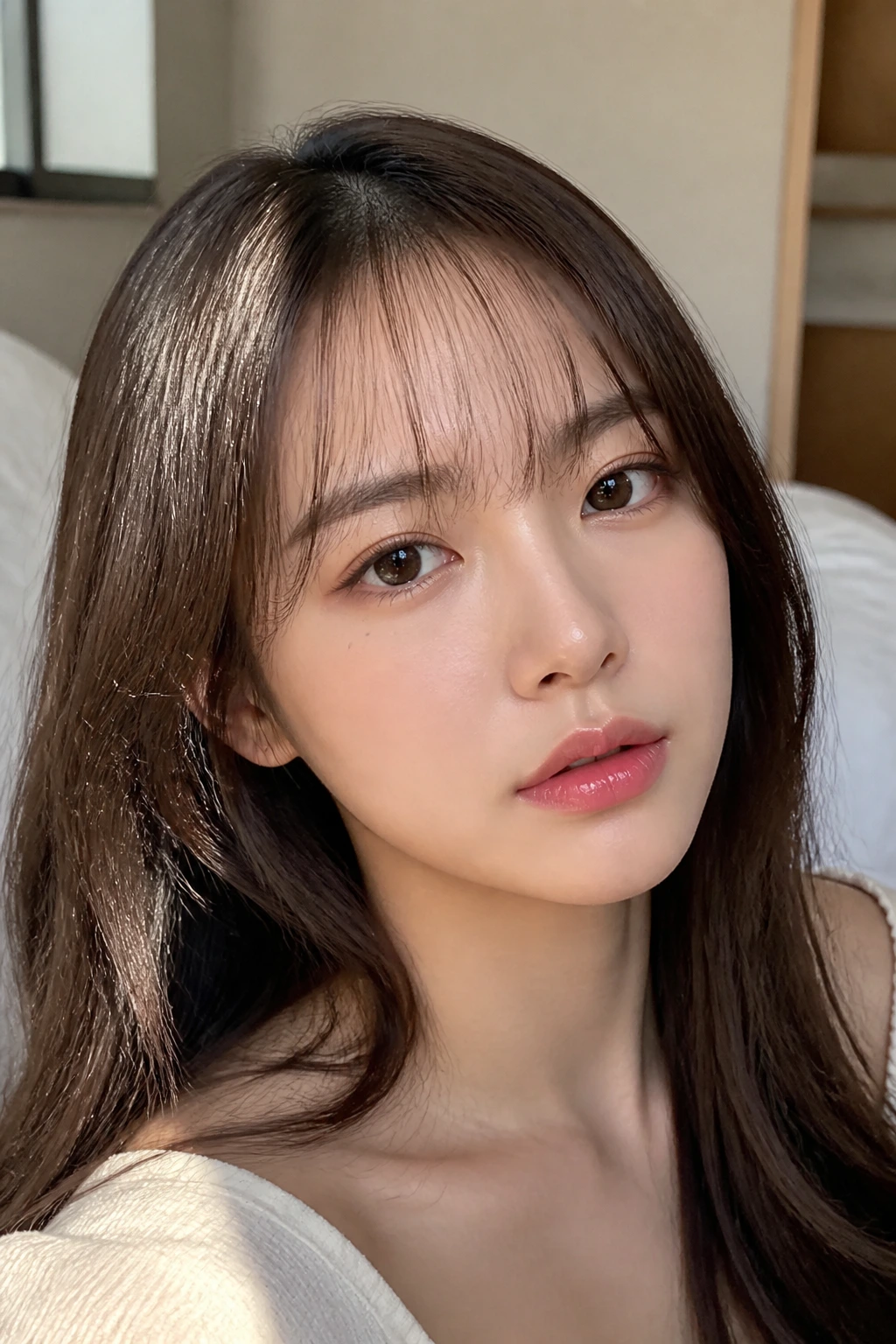 Close-up of a real person wearing ultra-thin see-through bangs revealing eyebrows