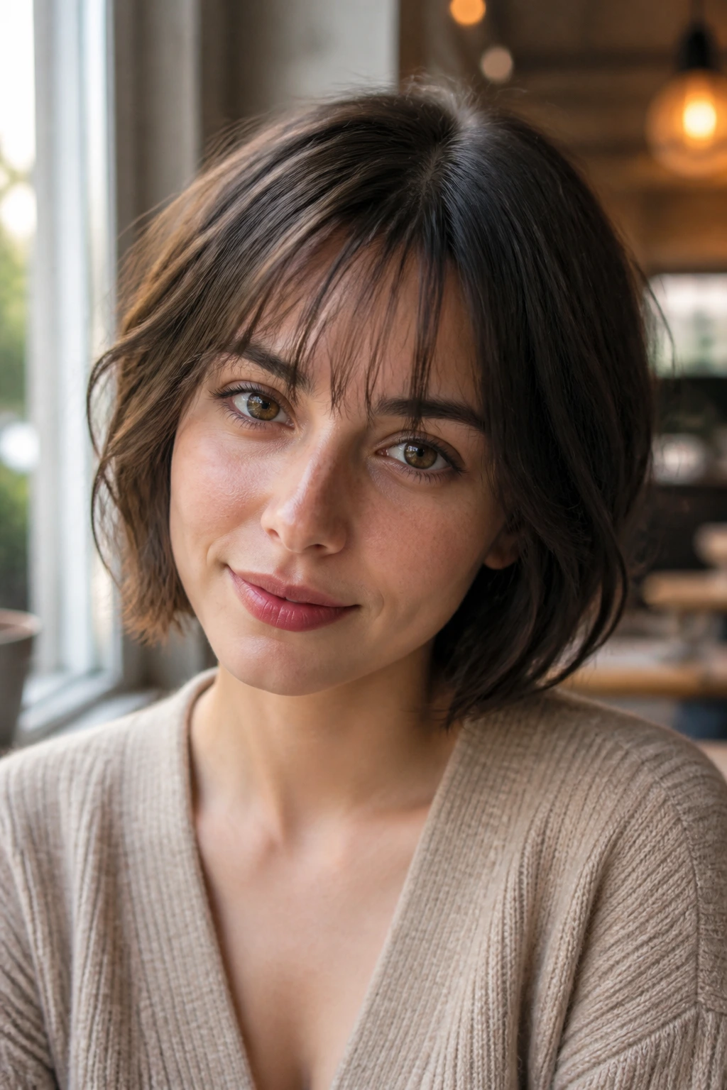 Close-up of a real person with wispy see-through bangs and a soft textured bob in daylight