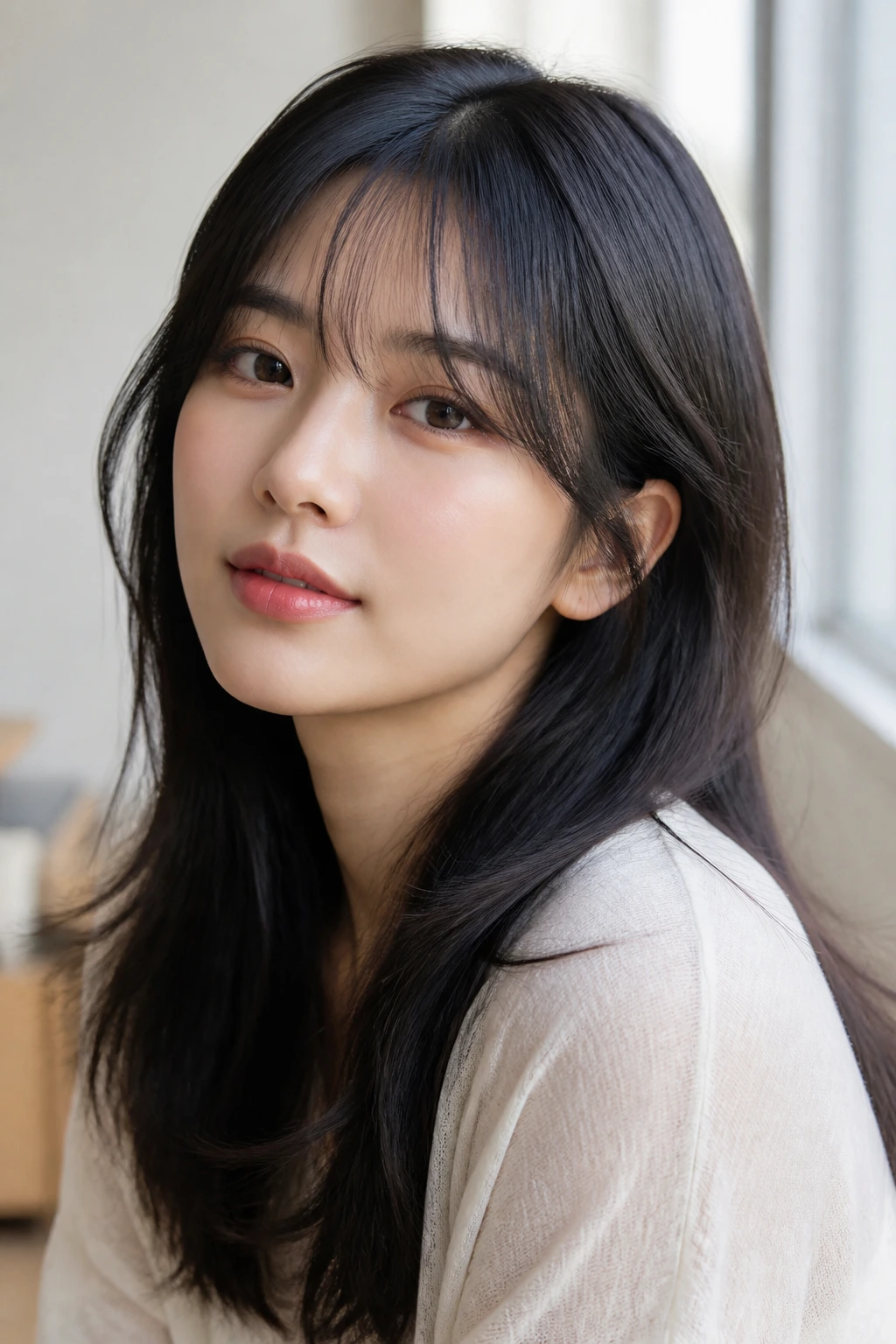 Close-up of a real person with wispy see-through Korean-style bangs