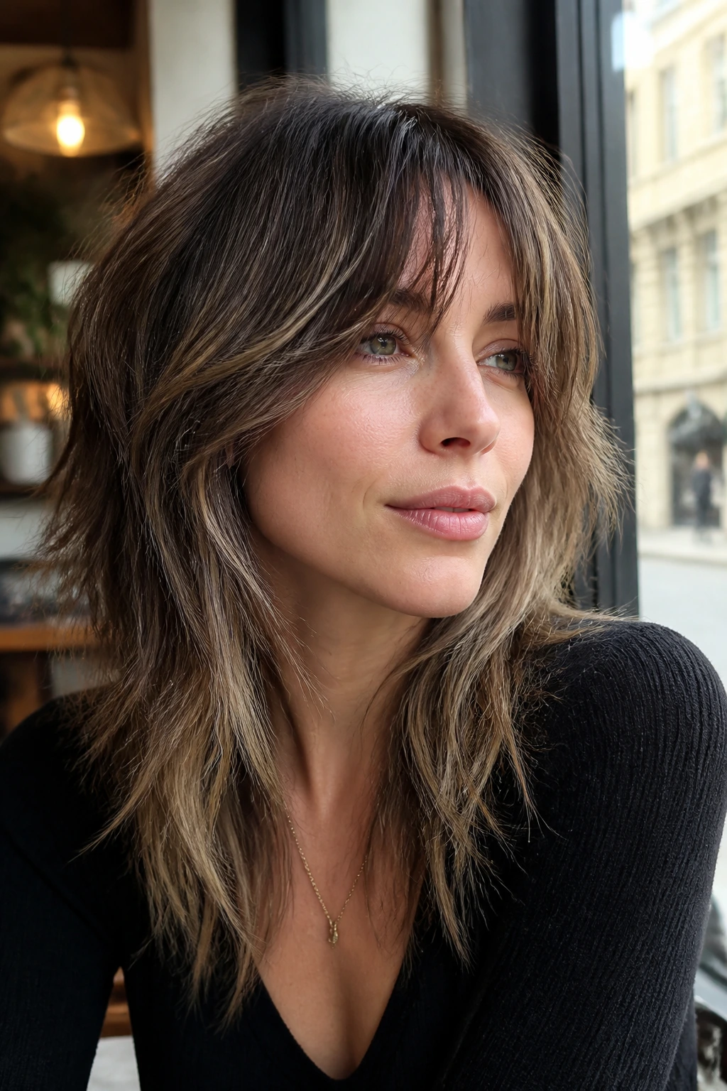 Close-up portrait of a real woman with wispy curtain bangs and a shag cut.