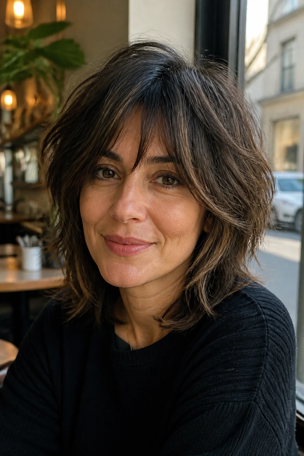 Portrait of wispy shag with face-framing layers on a real woman in a cafe setting