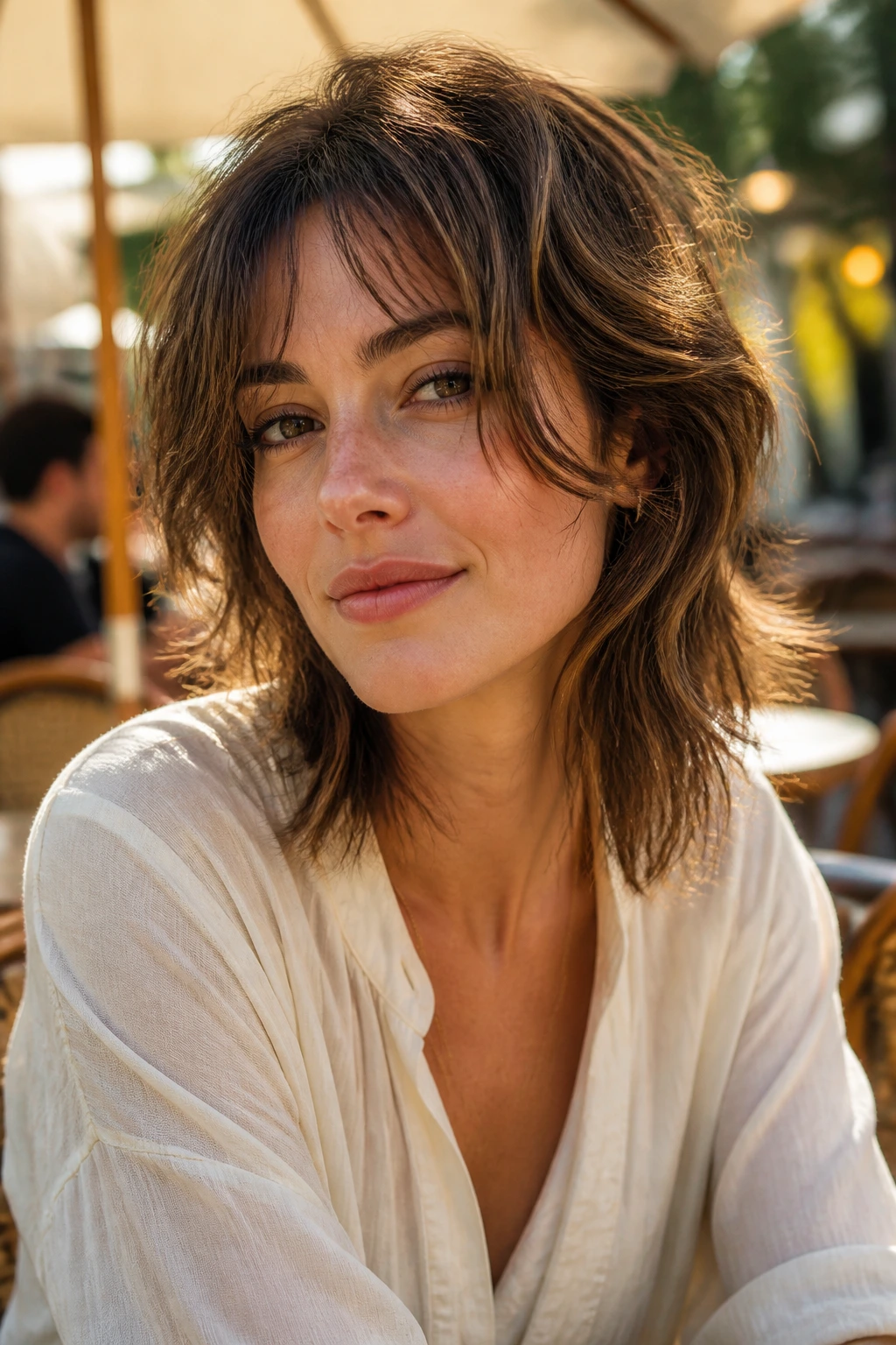 Portrait of a woman with wispy shag and tendrils in golden-hour light