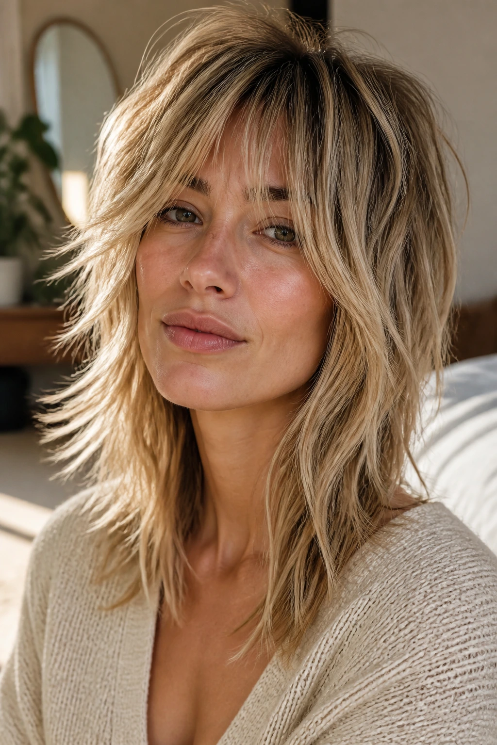 Close-up portrait of a real woman with wispy multi-layered shag