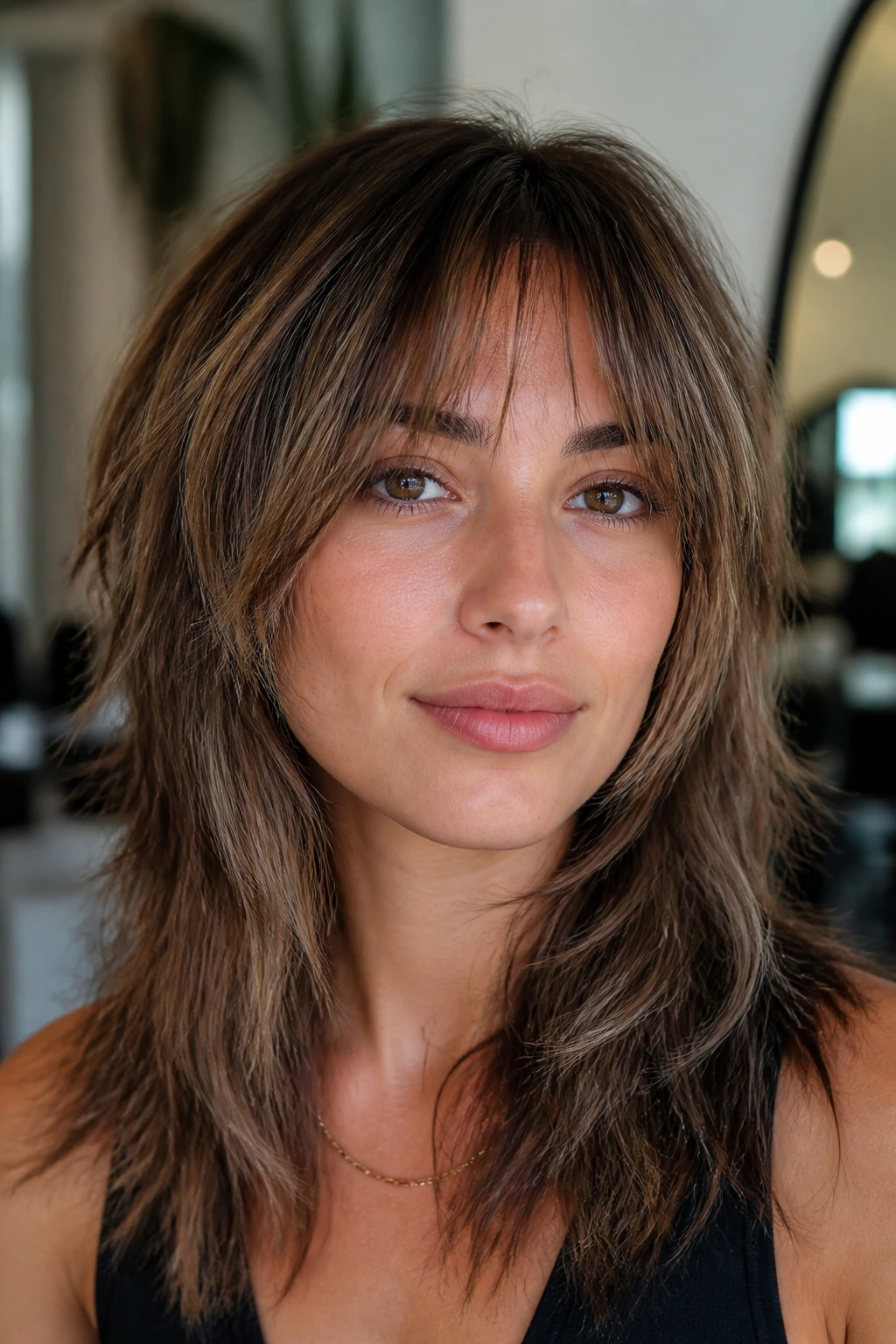 Portrait of a real person with wispy center bangs and layered texture