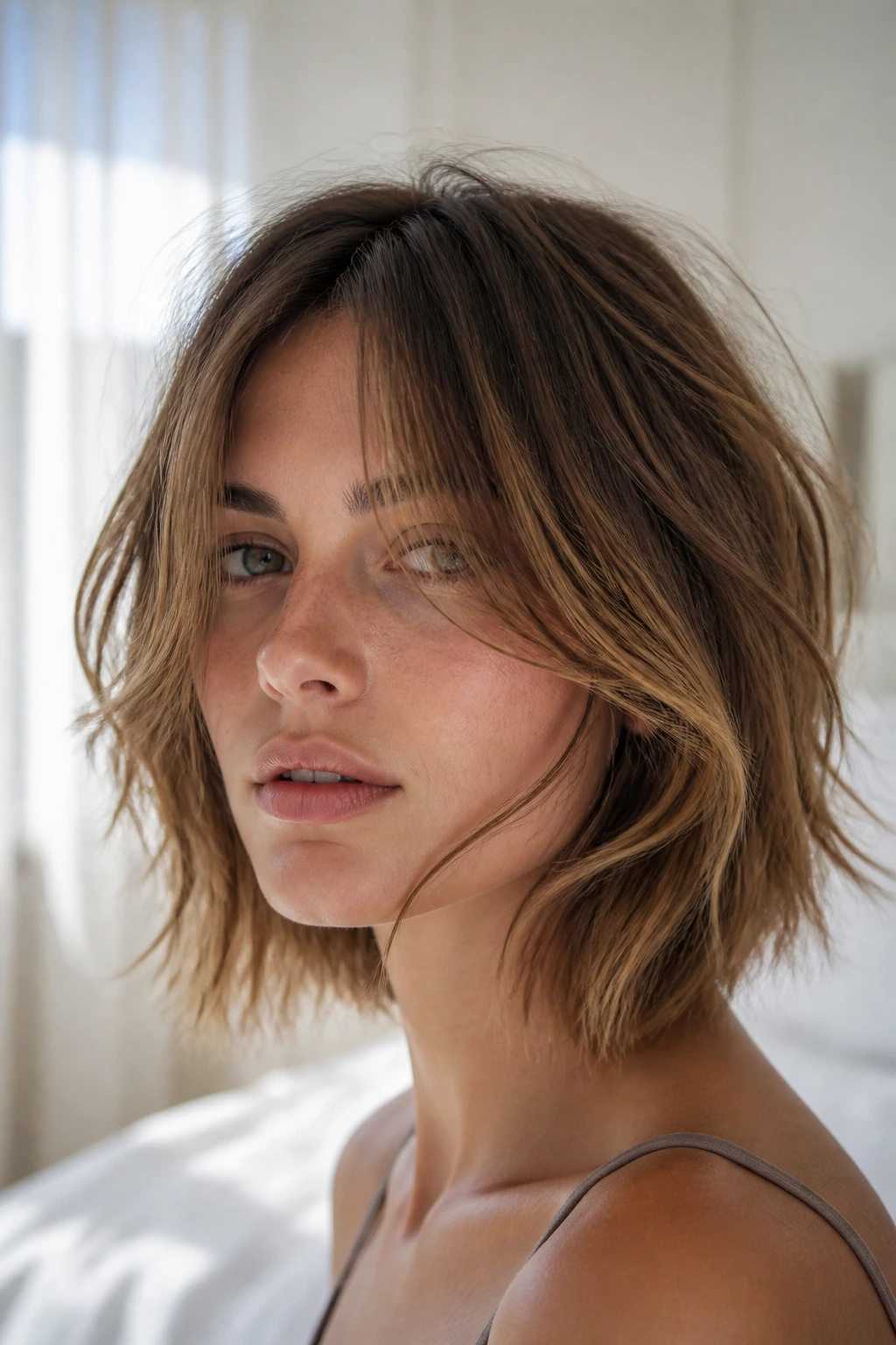 Close-up of a real woman with airy wispy shag and long curtain bangs in soft window light